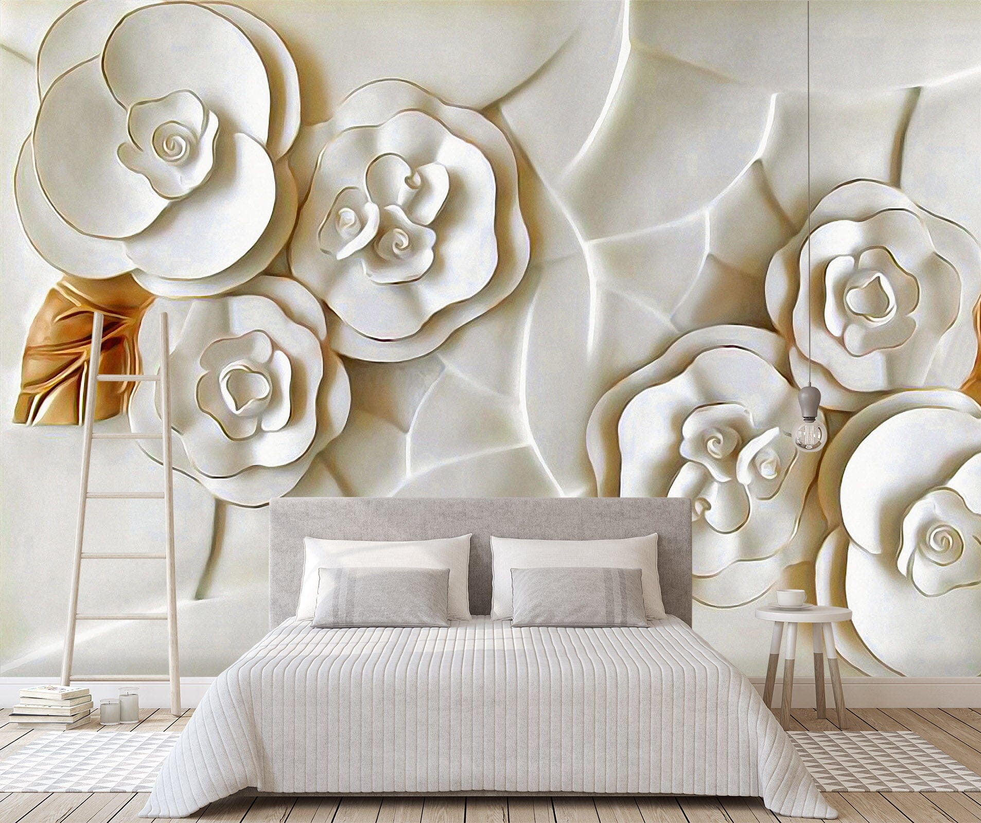 3D Embossed White Flower 050 Wall Murals Wallpaper AJ Wallpaper 2