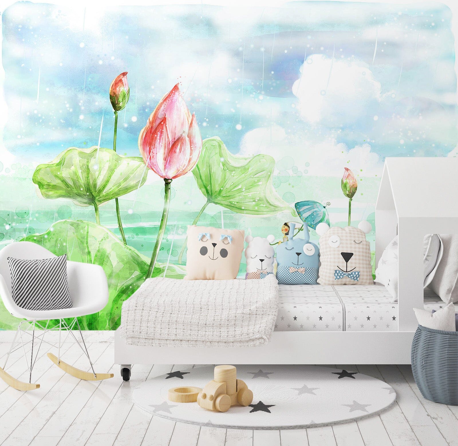 3D Green Lotus Watercolor 013 Wall Murals Wallpaper AJ Wallpaper 2