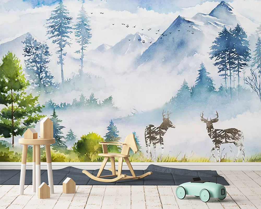 3D Snow Mountain Deer WC463 Wall Murals