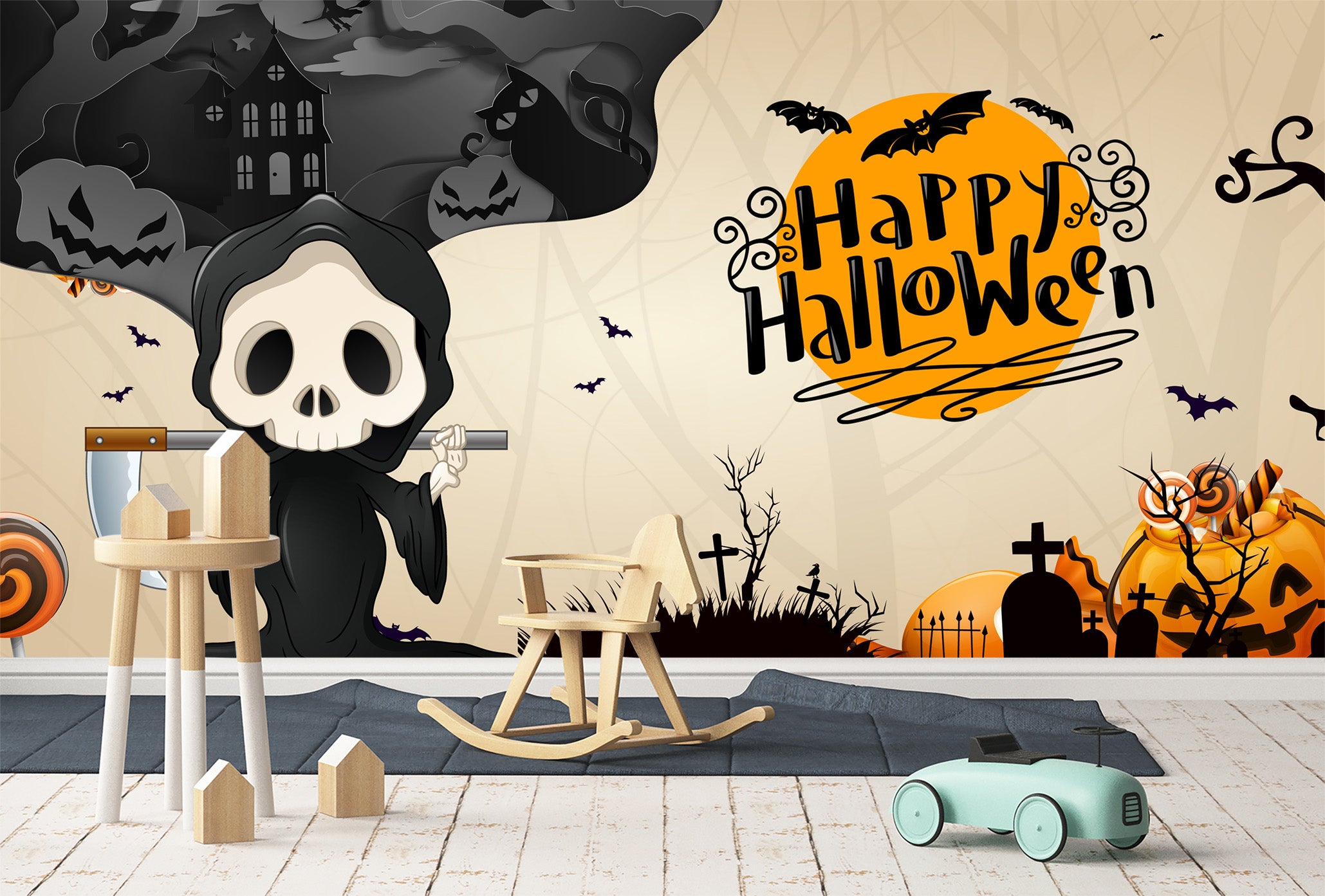 3D Cartoon Sickle Pumpkin 1018 Halloween Wall Murals Wallpaper AJ Wallpaper 2