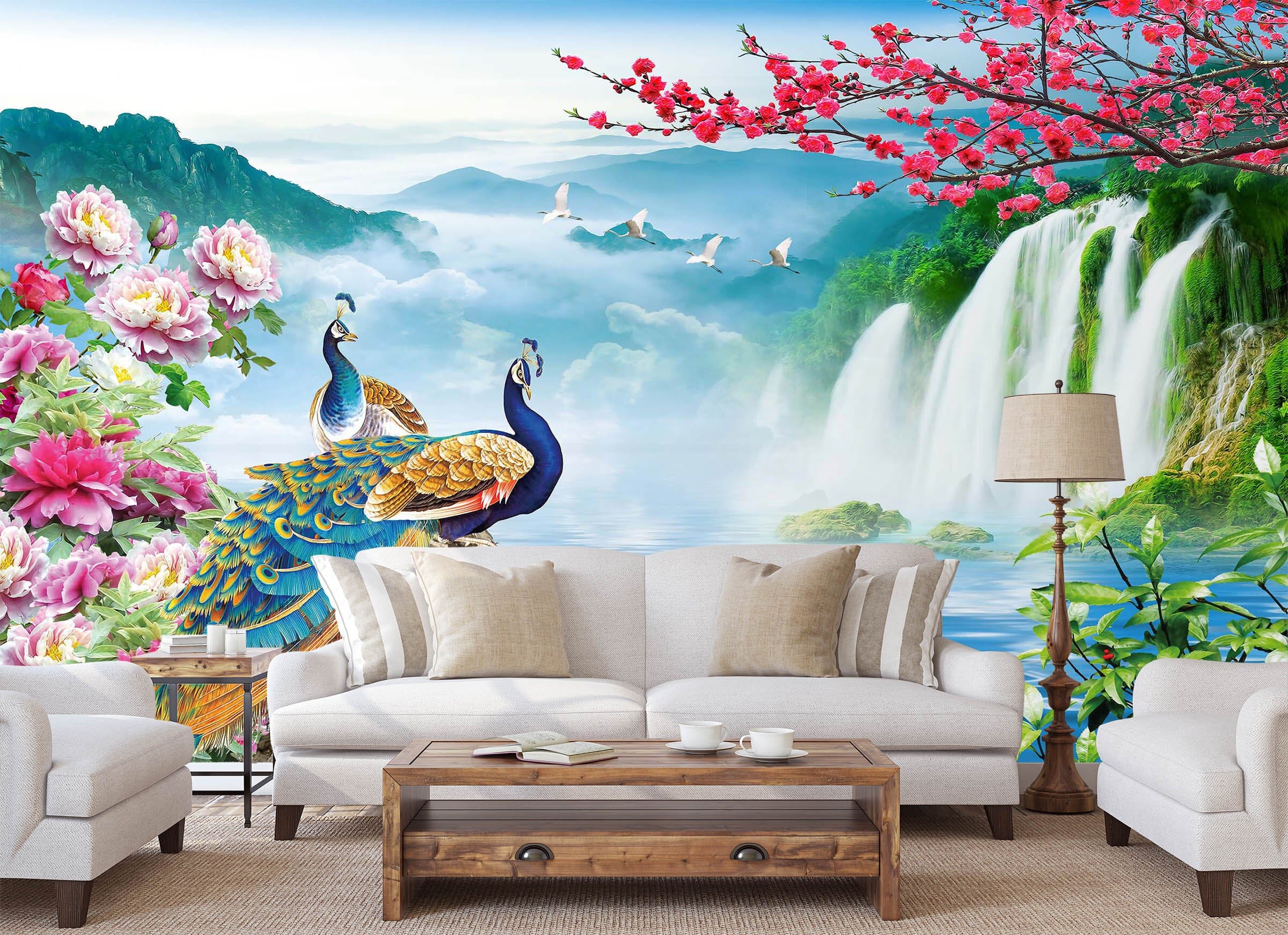 3D Peacock Falls 1419 Wall Murals Wallpaper AJ Wallpaper 2