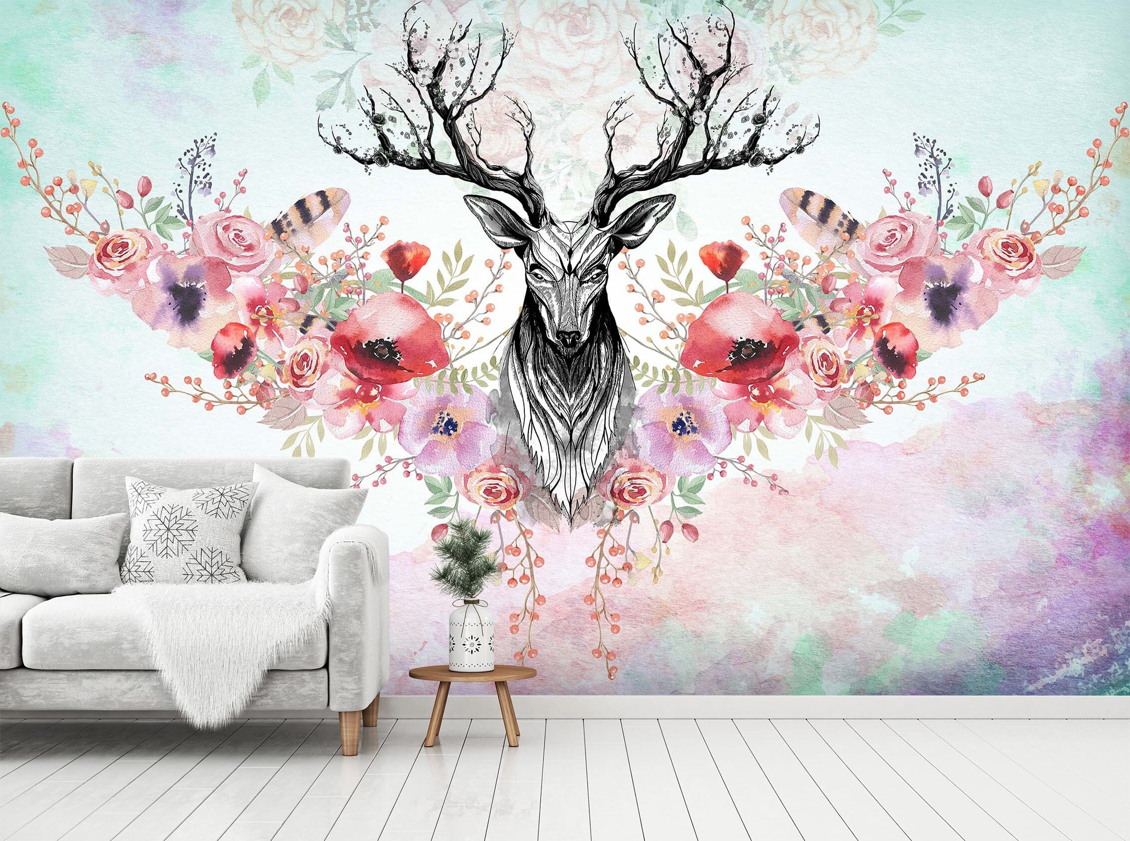 3D Flower Deer 1452 Wall Murals Wallpaper AJ Wallpaper 2