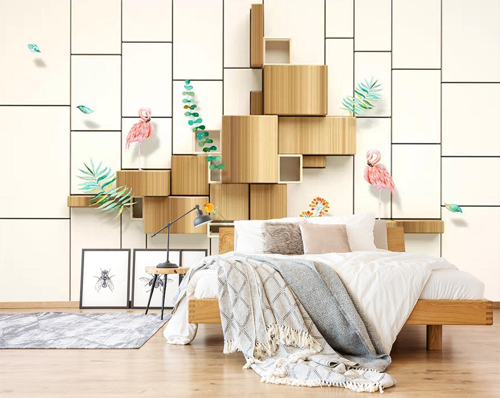 3D Flamingo Wooden Block WC637 Wall Murals