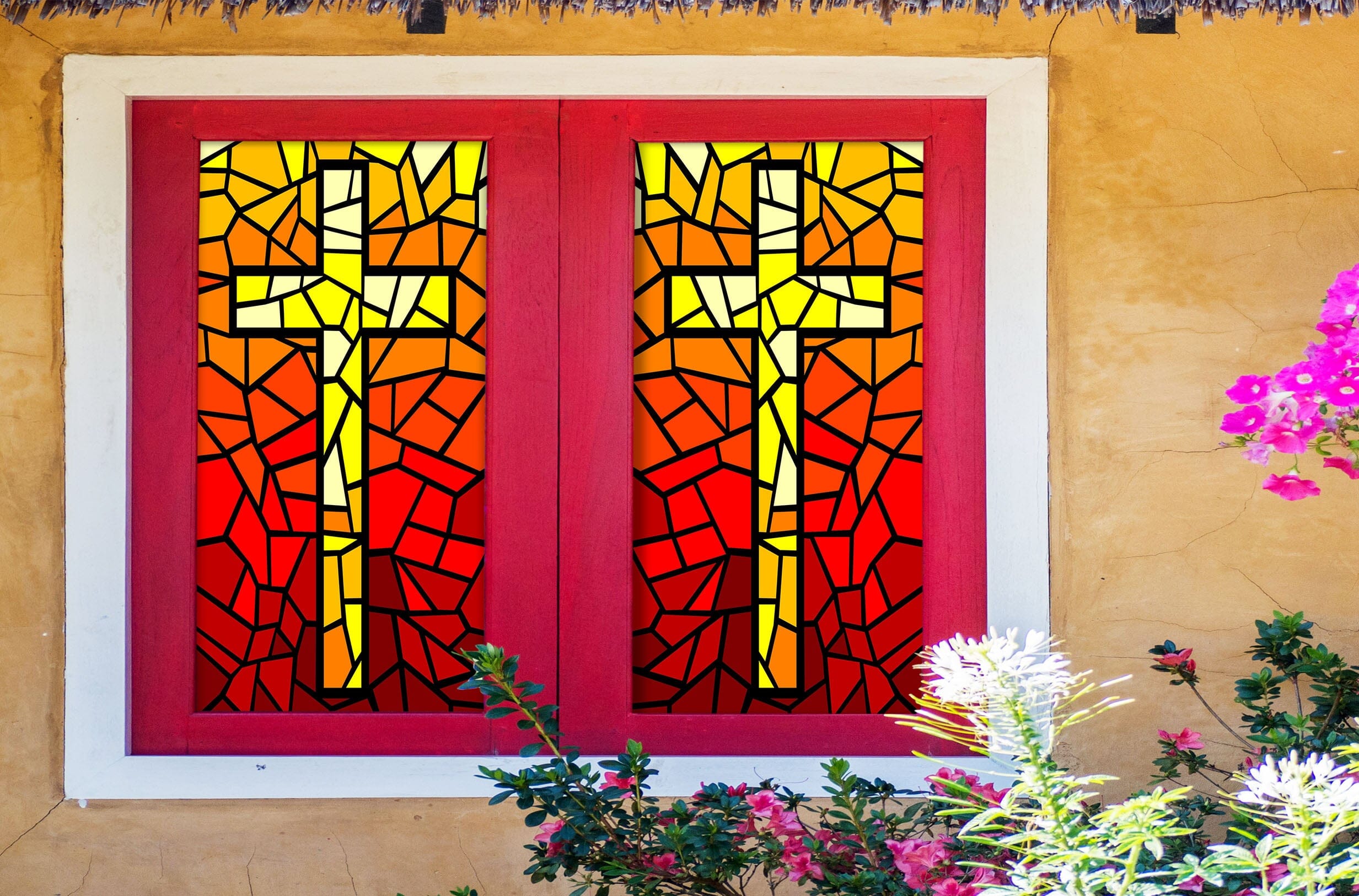 3D Yellow Cross 116 Window Film Print Sticker Cling Stained Glass UV Block Wallpaper AJ Wallpaper 2