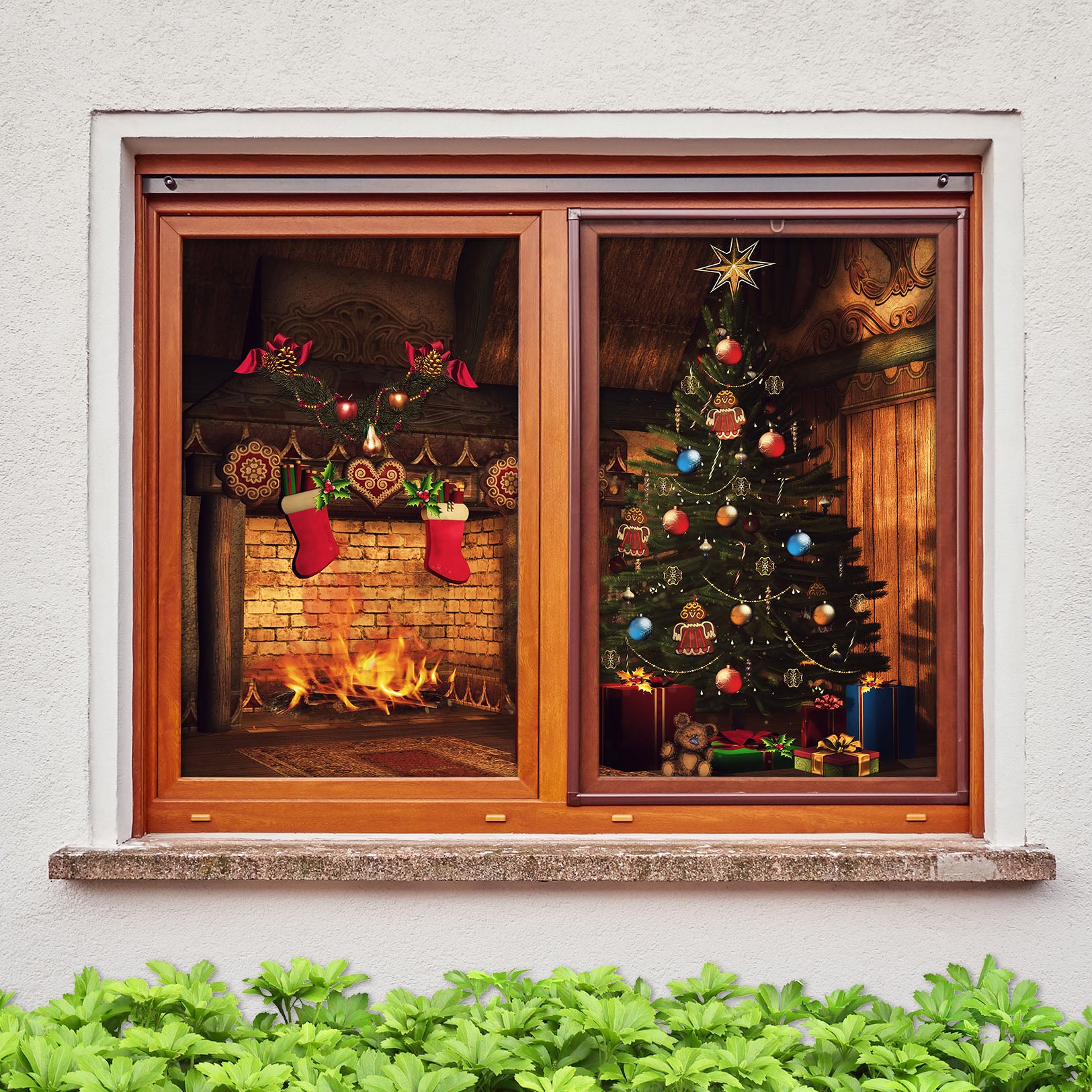 3D Fireplace Christmas Tree 43096 Christmas Window Film Print Sticker Cling Stained Glass Xmas