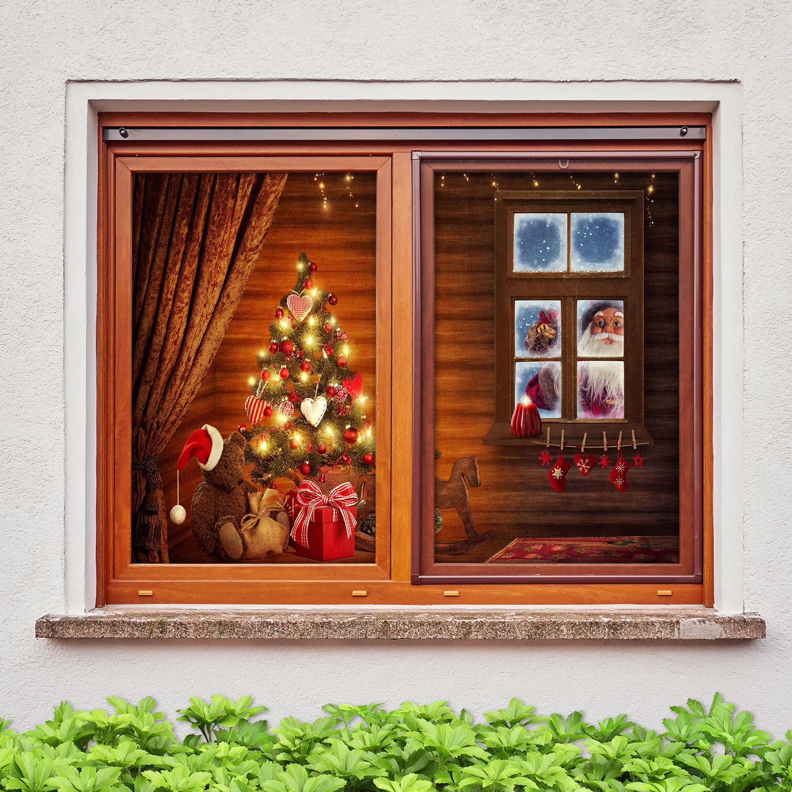 3D Wooden House Santa 42167 Christmas Window Film Print Sticker Cling Stained Glass Xmas