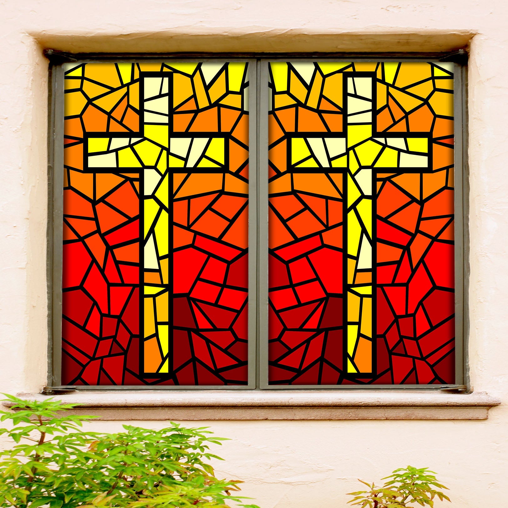 3D Yellow Cross 116 Window Film Print Sticker Cling Stained Glass UV Block