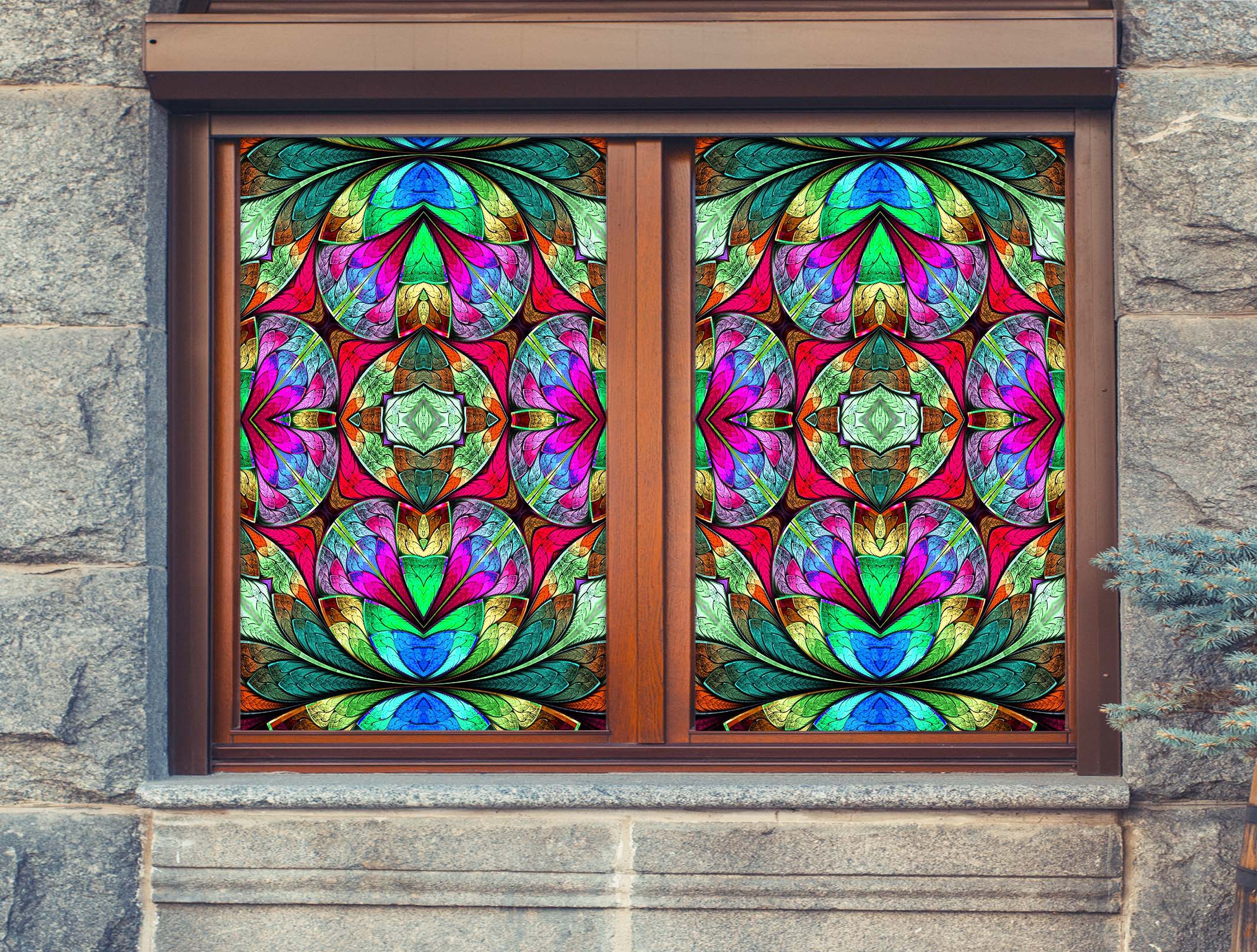 3D Round Flower 032 Window Film Print Sticker Cling Stained Glass UV Block