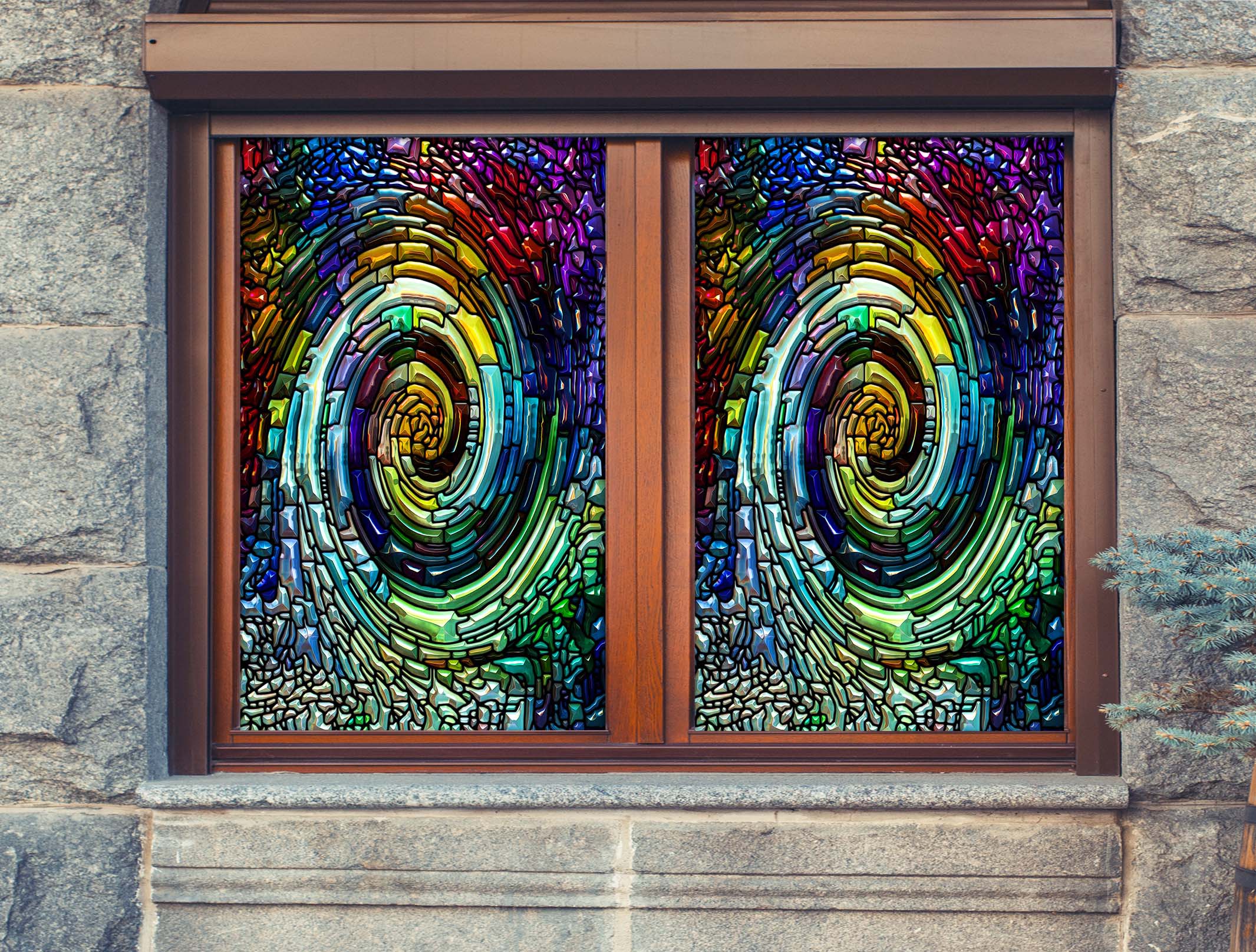 3D Spin Brick 107 Window Film Print Sticker Cling Stained Glass UV Block