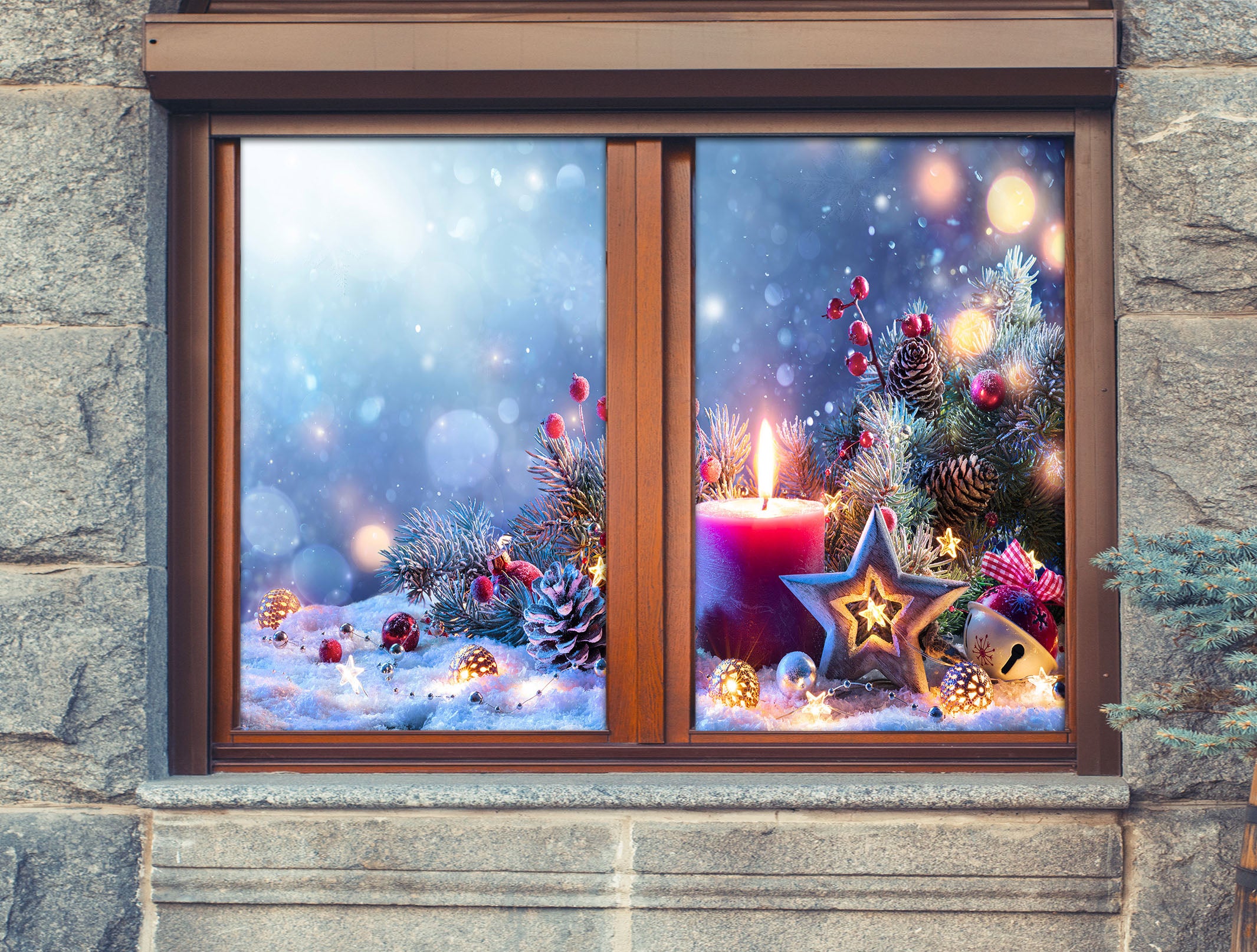 3D Snowflake Candle 43163 Christmas Window Film Print Sticker Cling Stained Glass Xmas