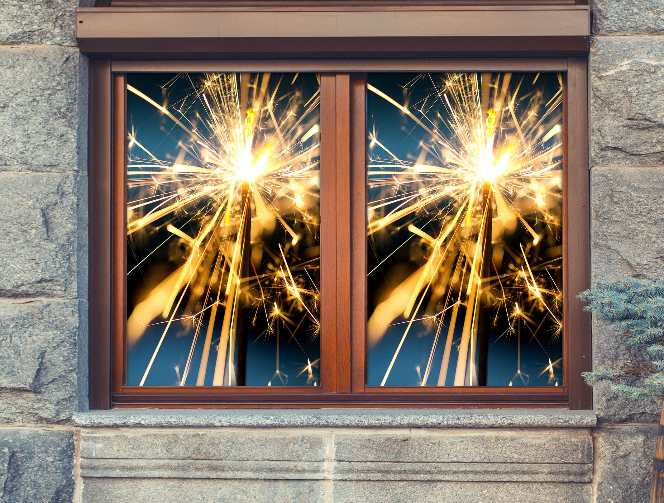 3D Fireworks 43059 Christmas Window Film Print Sticker Cling Stained Glass Xmas