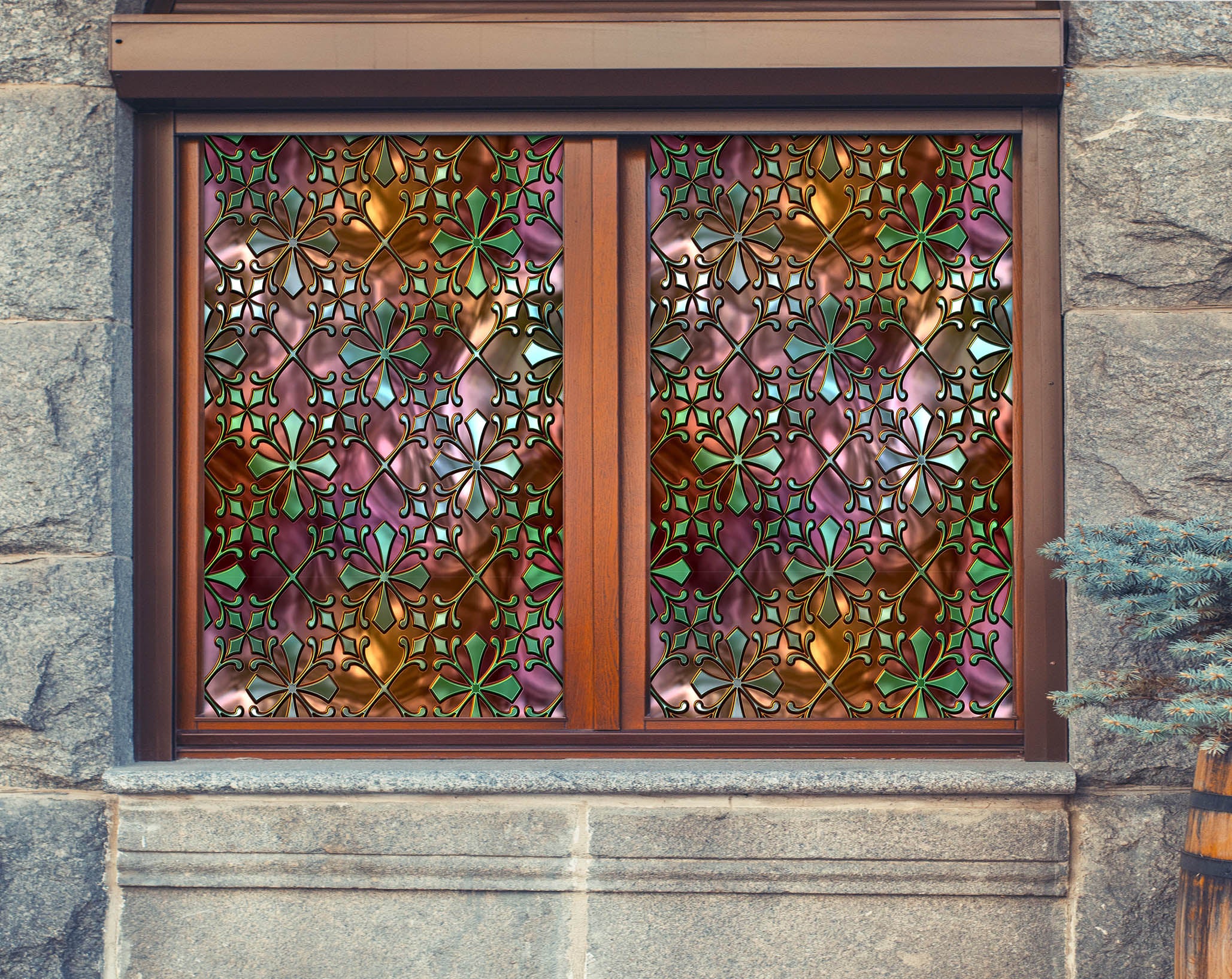 3D Window Grille 434 Window Film Print Sticker Cling Stained Glass UV Block