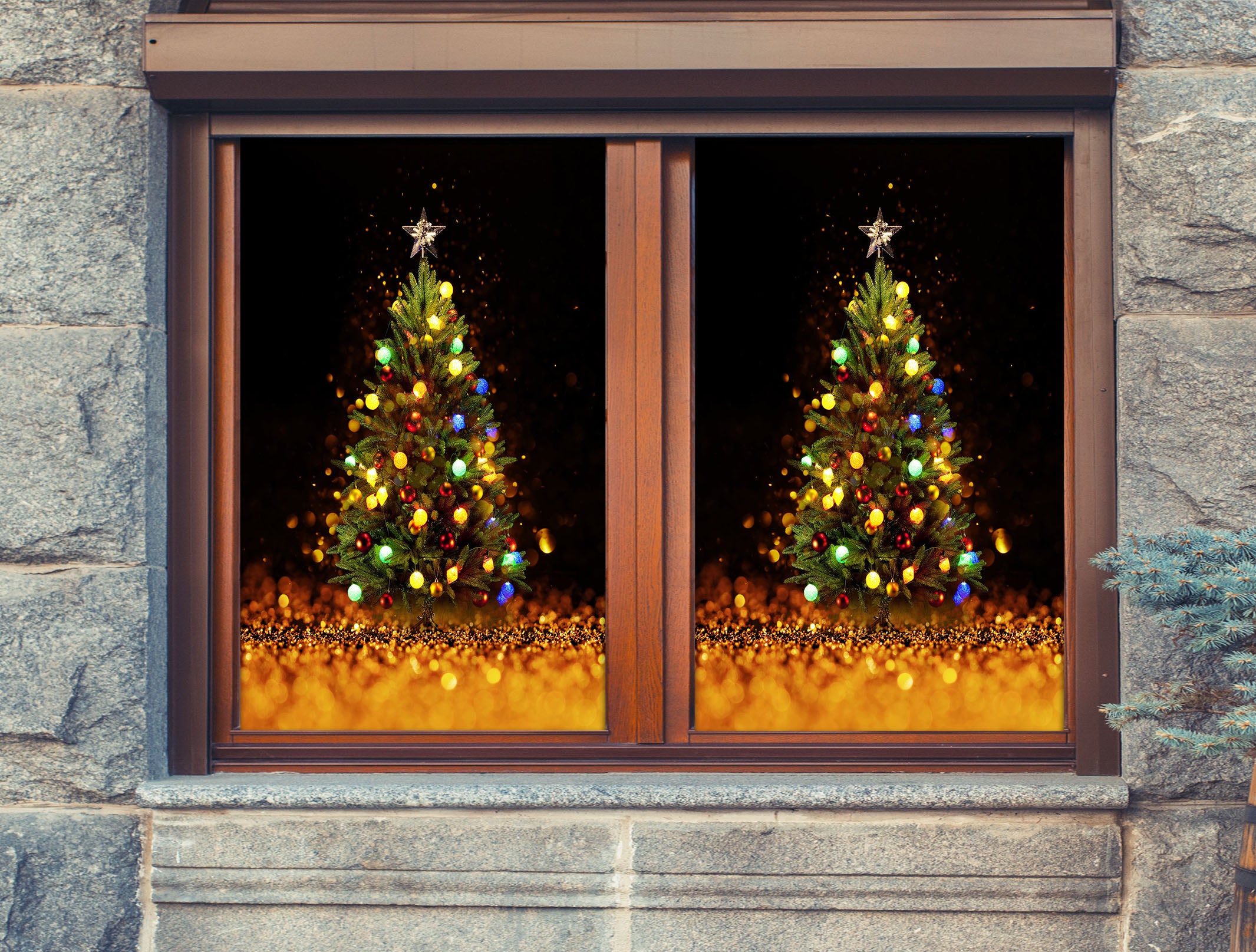 3D Christmas Tree Light 43100 Christmas Window Film Print Sticker Cling Stained Glass Xmas