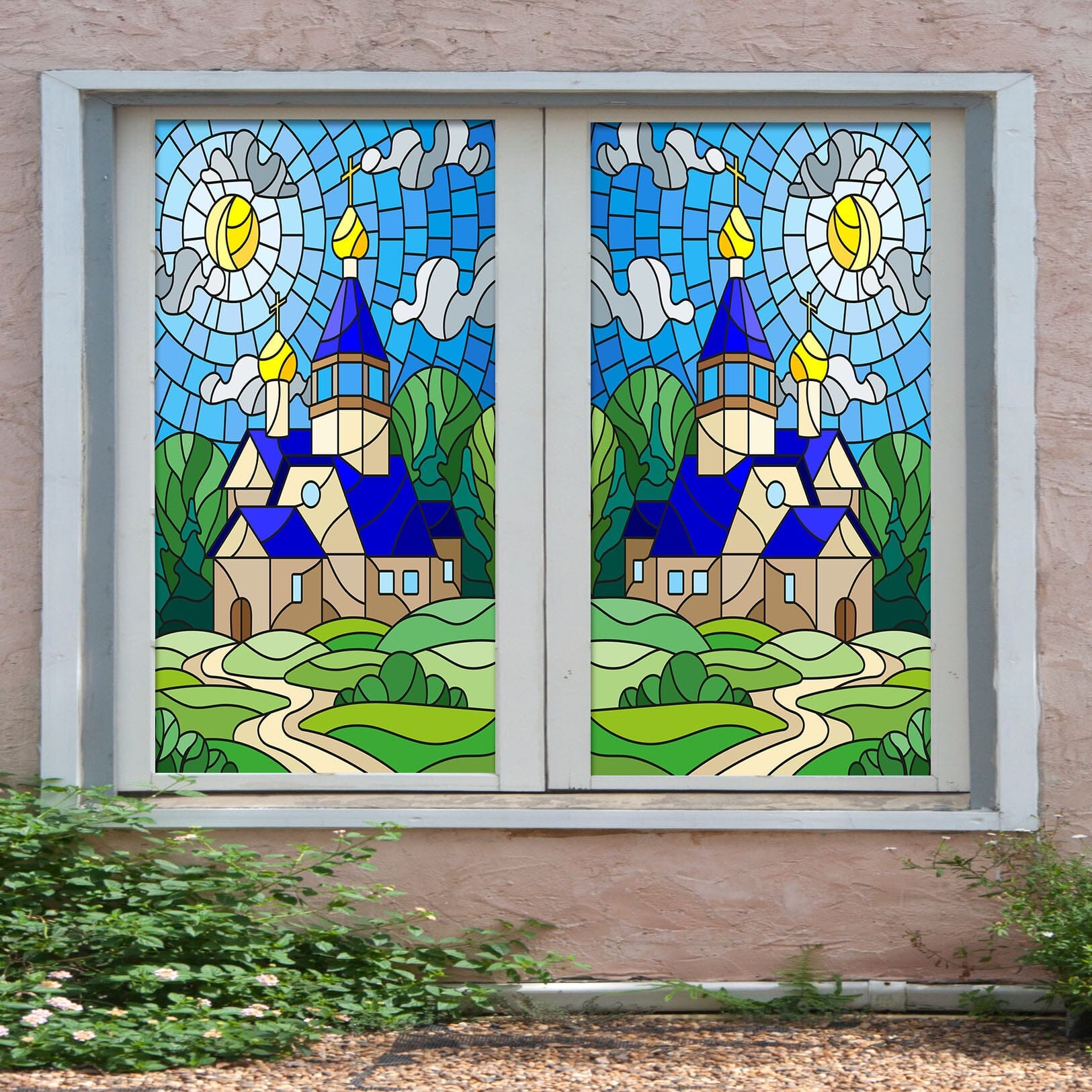 3D Blue House 202 Window Film Print Sticker Cling Stained Glass UV Block Wallpaper AJ Wallpaper 2
