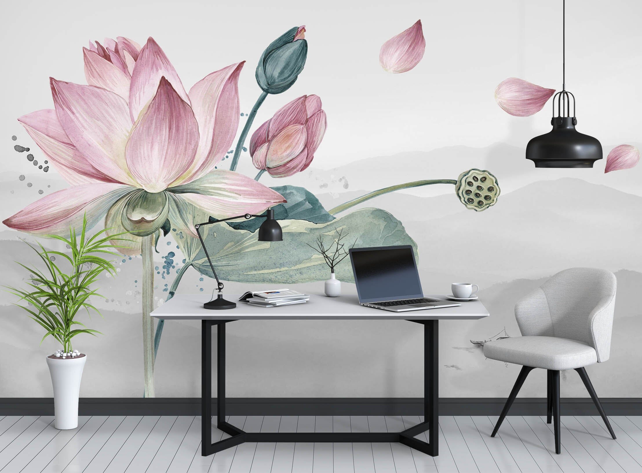 3D Ink Lotus 1043 Wall Murals Wallpaper AJ Wallpaper 2