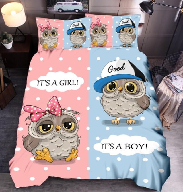 3D Pink Blue Cartoon Owl 8160 Bed Pillowcases Quilt