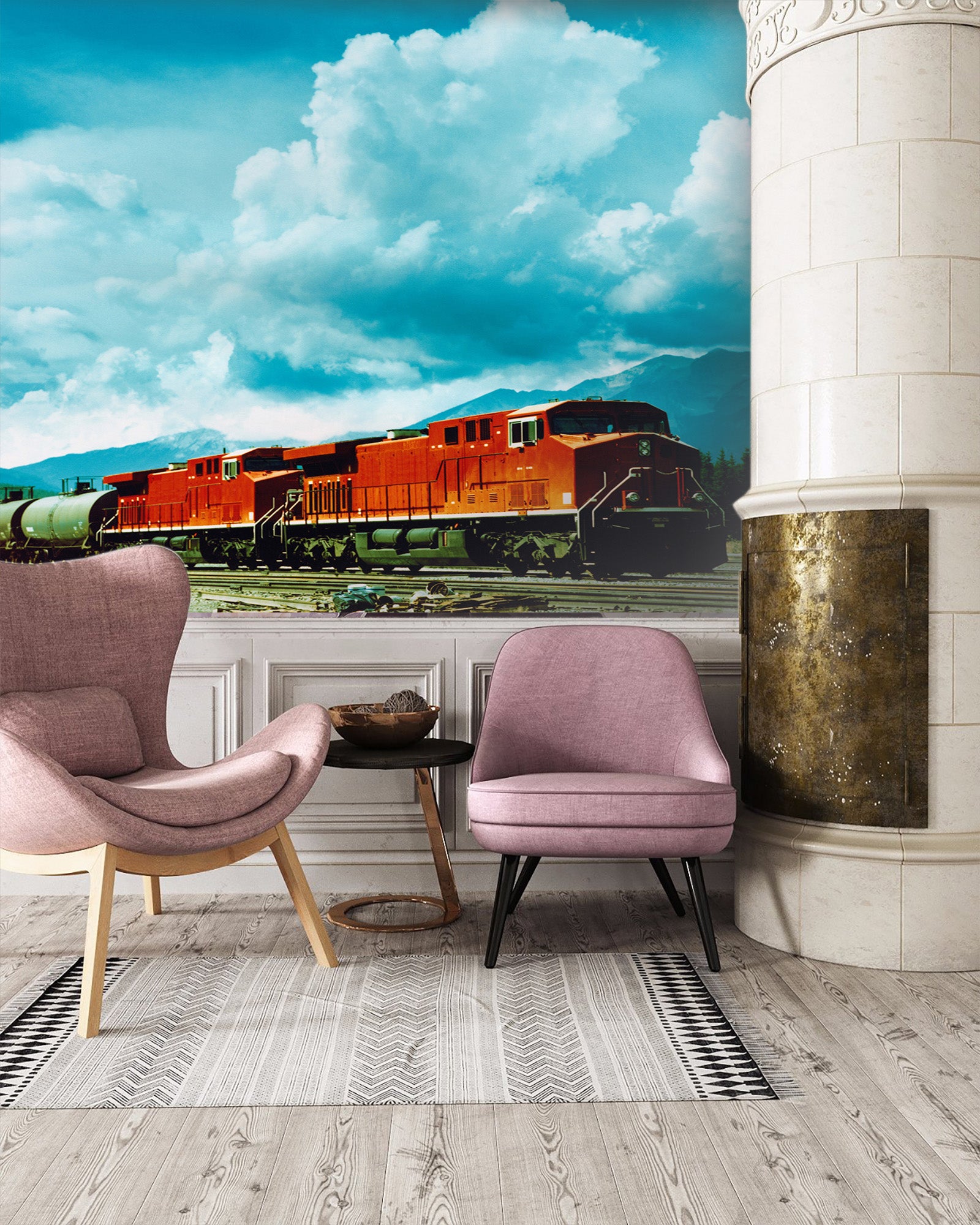 3D White Clouds Train 086 Vehicle Wall Murals