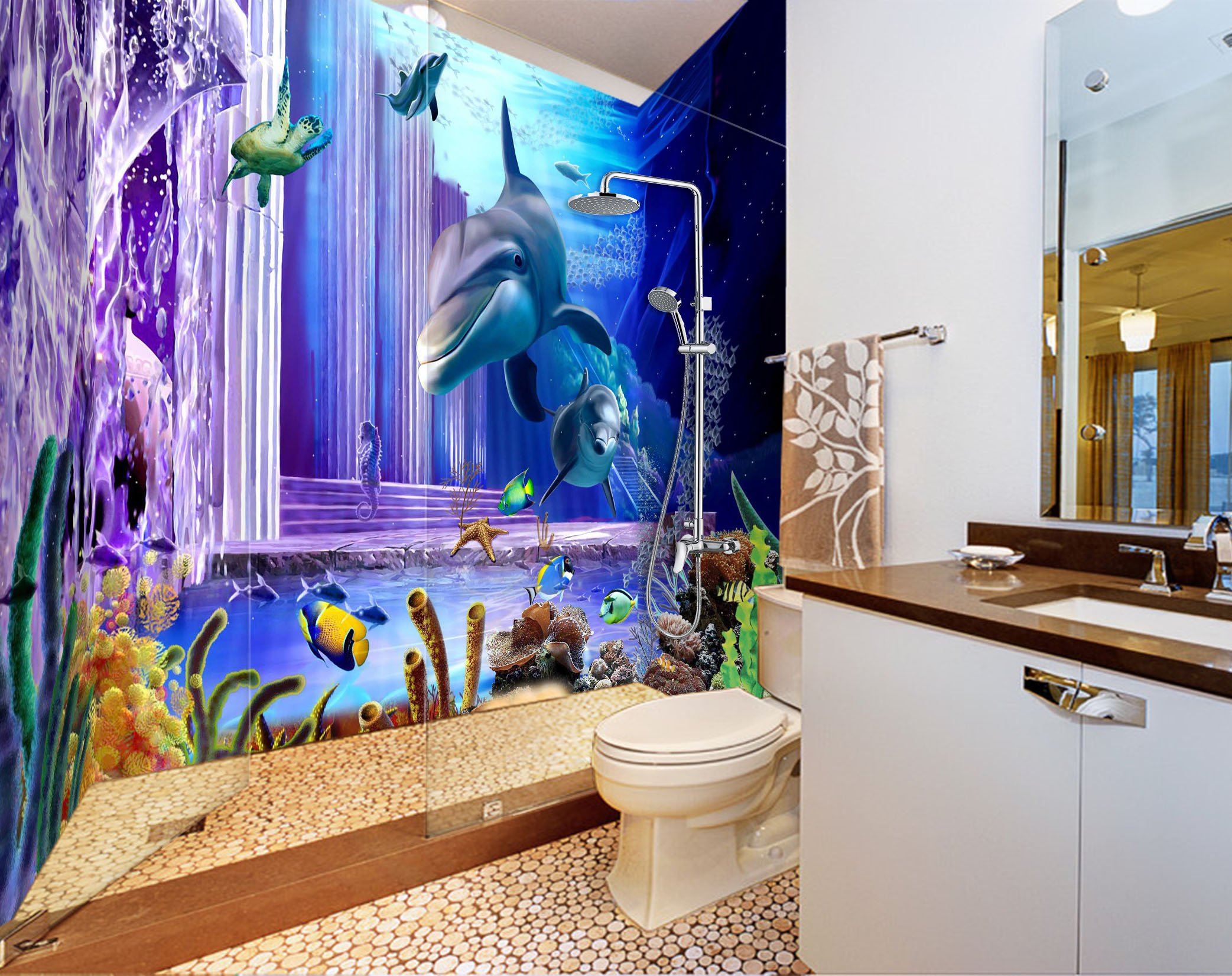 3D Seabed Dolphin Palace 5 Bathroom Wallpaper Wallpaper AJ Wallpaper