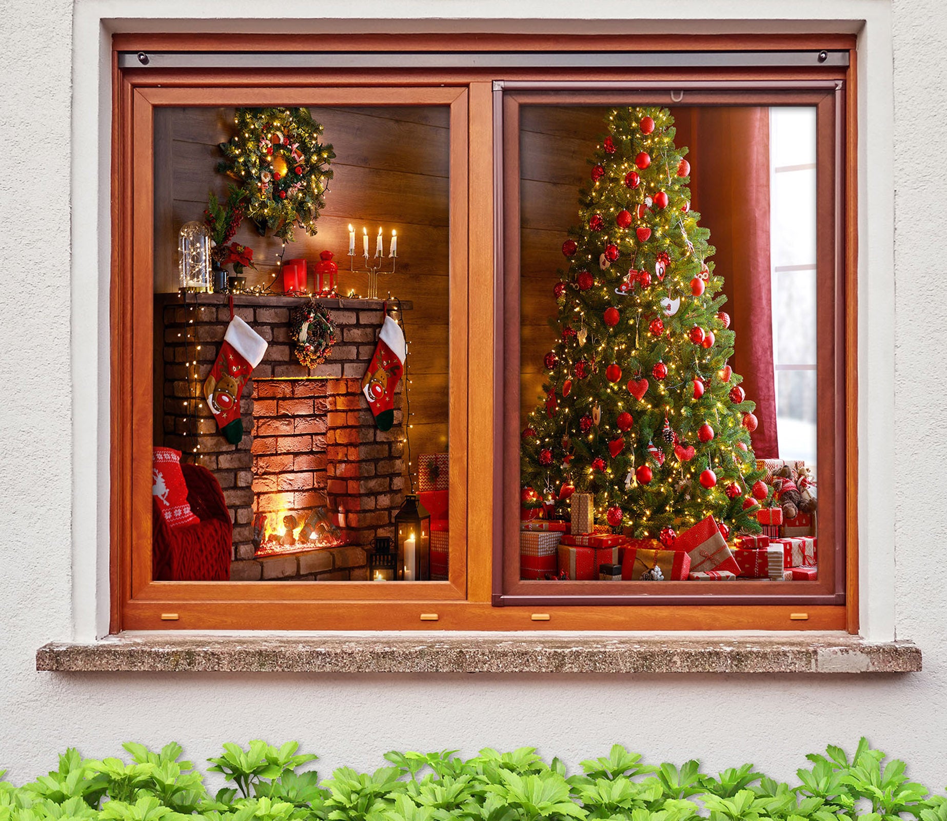 3D Fireplace Tree 1035 Christmas Window Film Print Sticker Cling Stained Glass Xmas