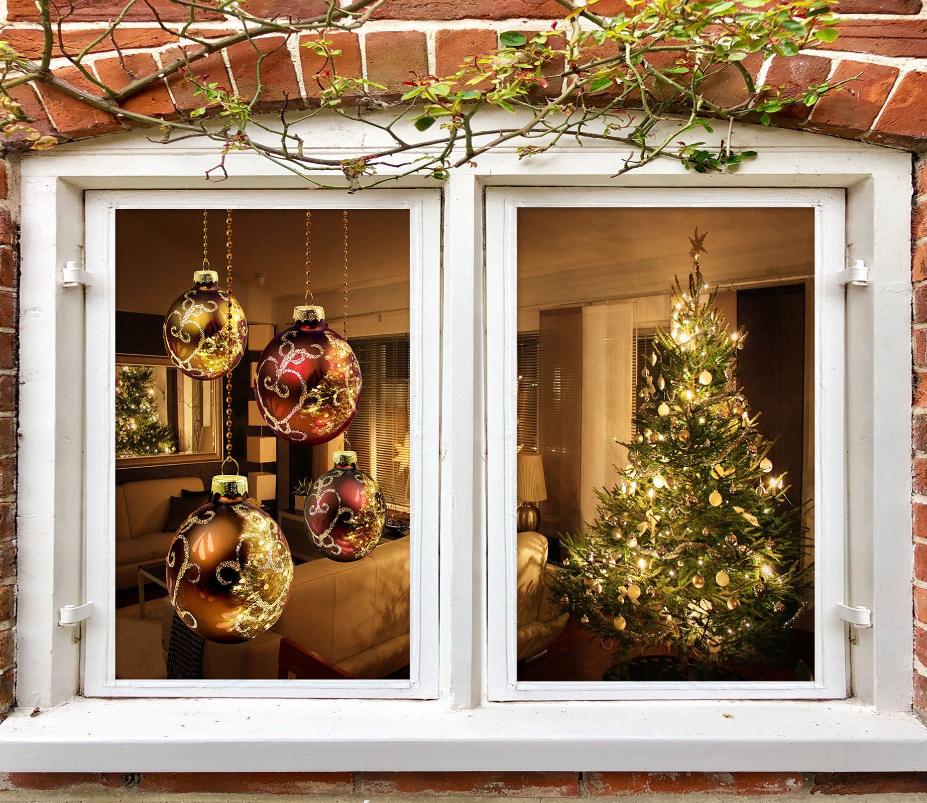 3D Red Ball Tree 1001 Christmas Window Film Print Sticker Cling Stained Glass Xmas