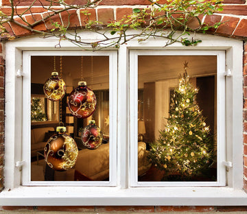 3D Red Ball Tree 1001 Christmas Window Film Print Sticker Cling Stained Glass Xmas