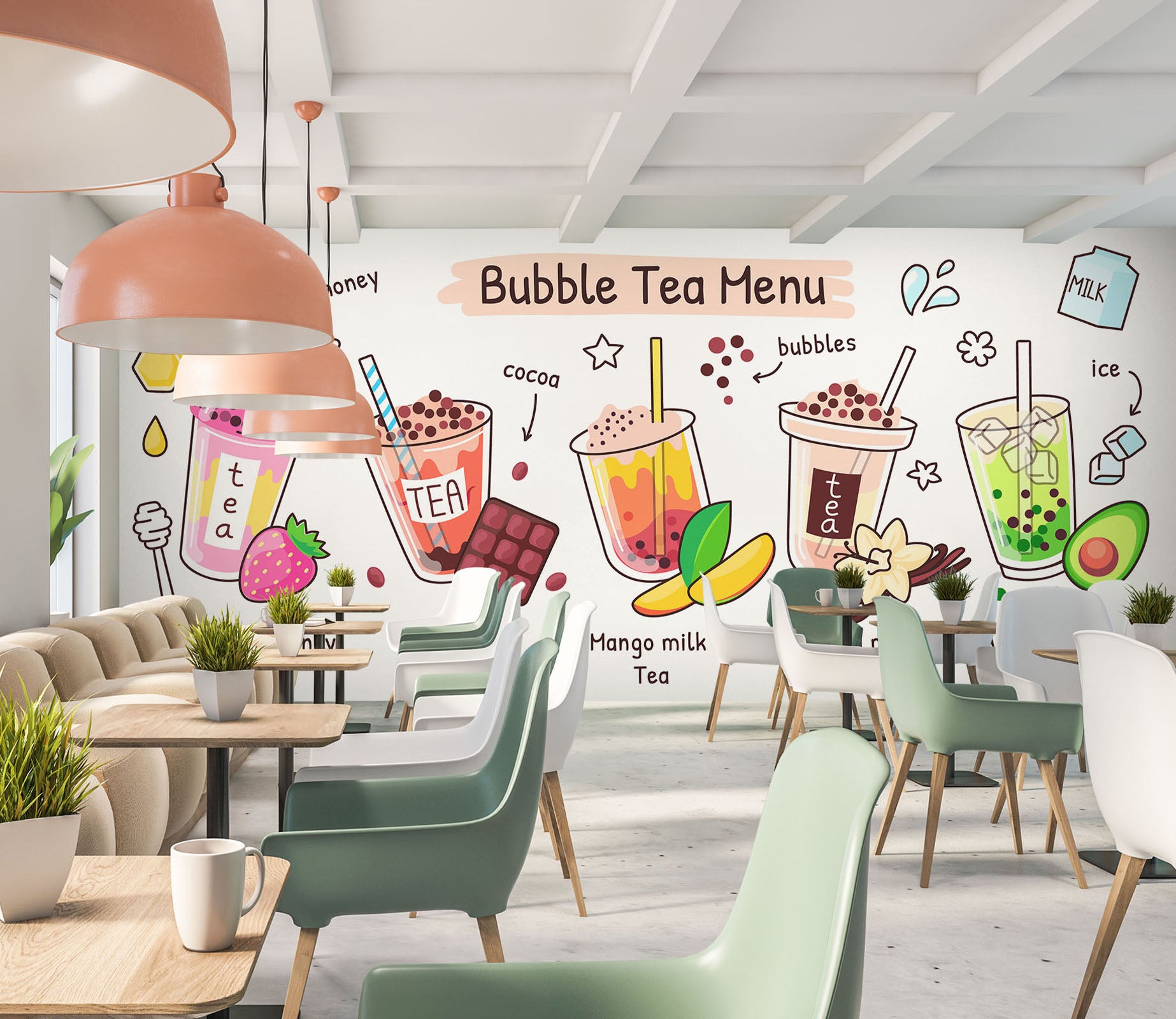 Pearl Tea Design 3D Pearl Tea 2002 Fruit Bubble Tea Milk Tea Shop Wall Murals | AJ Wallpaper