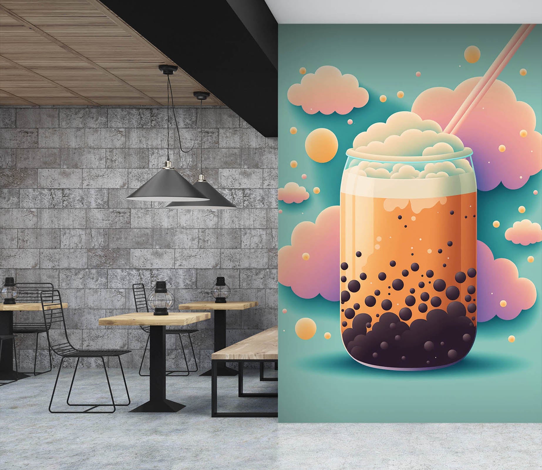 3D Pearl Tea 2114 Fruit Bubble Tea Milk Tea Shop Wall Murals