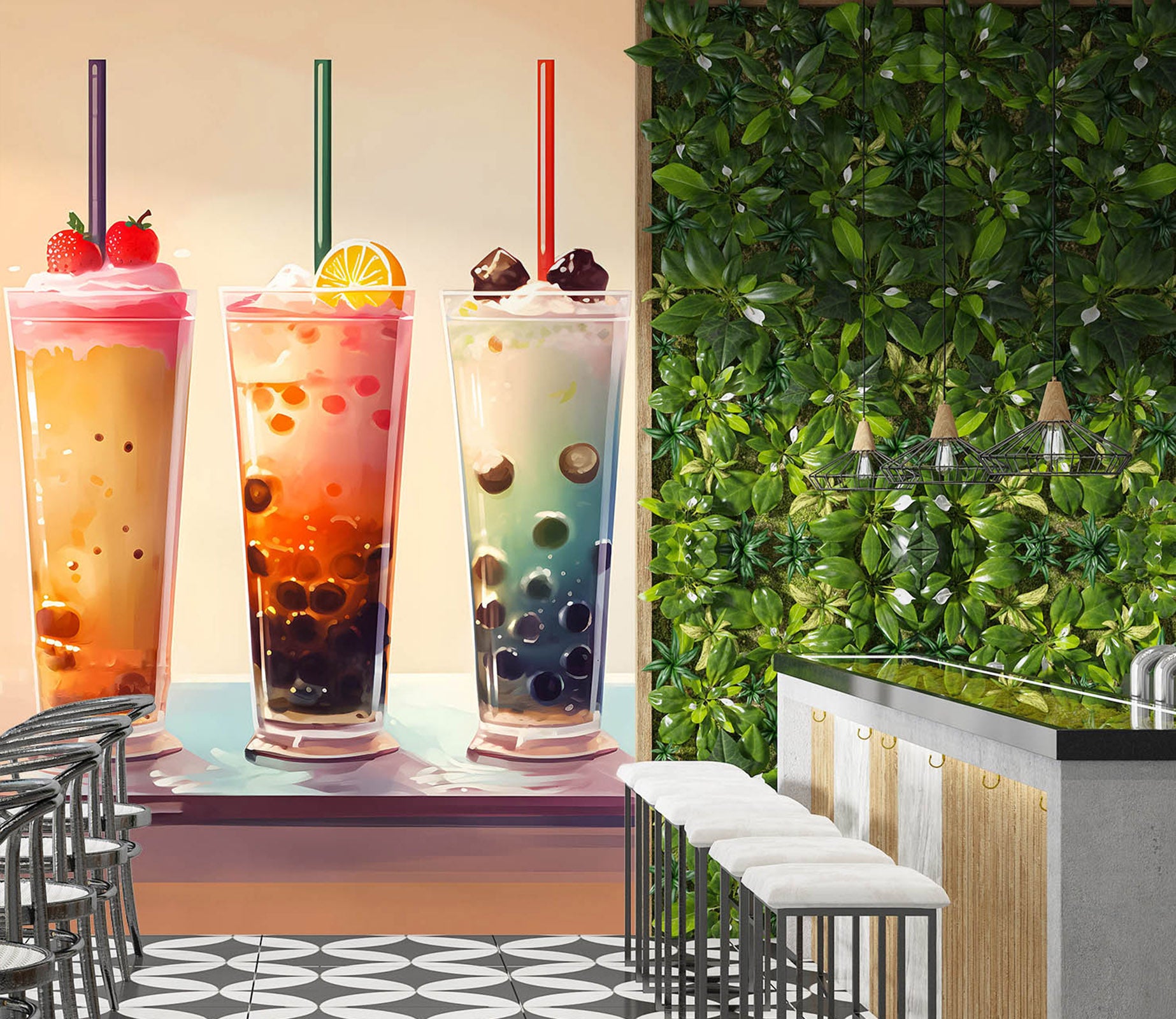 3D Pearl Tea 2101 Fruit Bubble Tea Milk Tea Shop Wall Murals