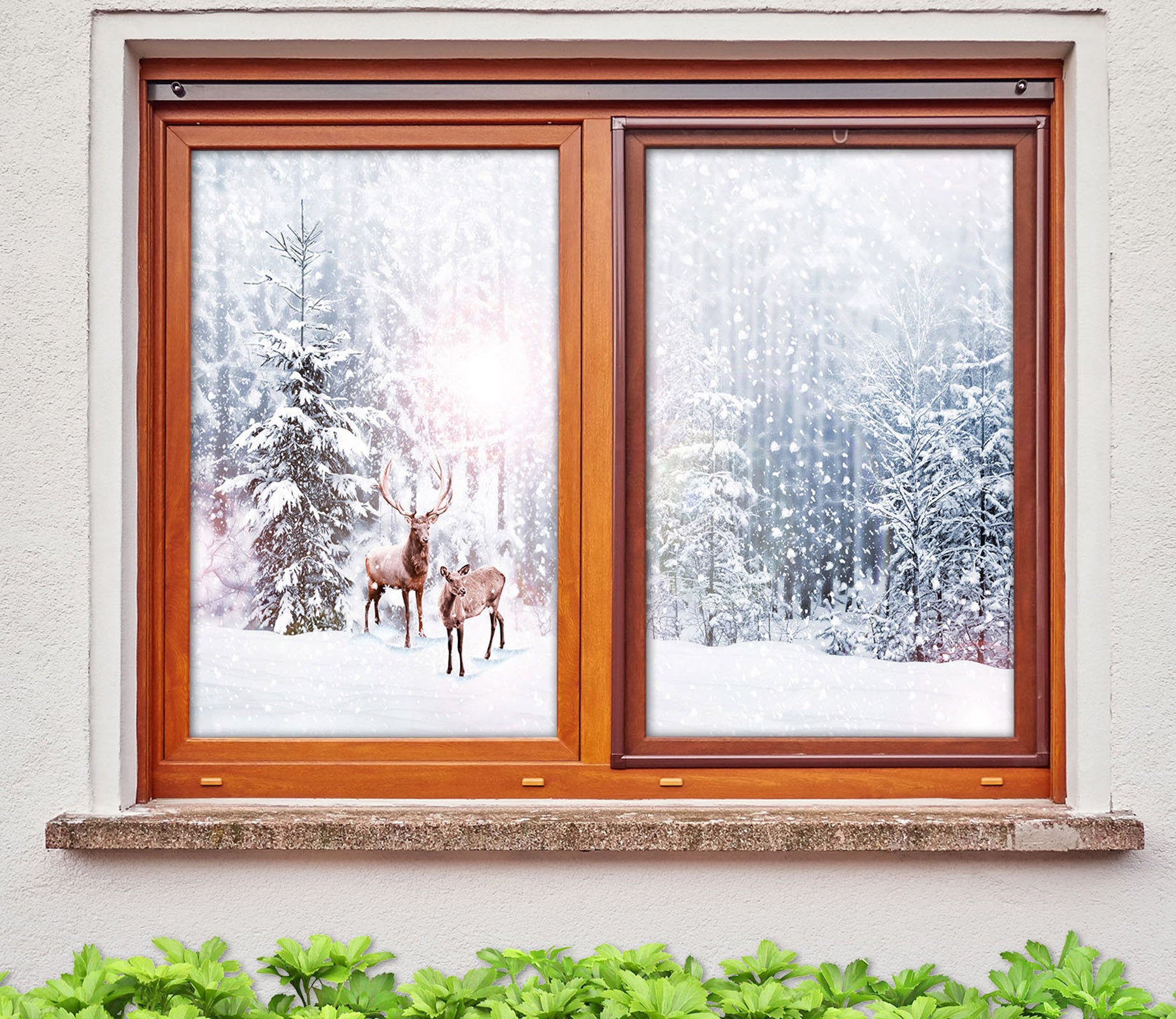 3D Snow Elk 1015 Christmas Window Film Print Sticker Cling Stained Glass Xmas