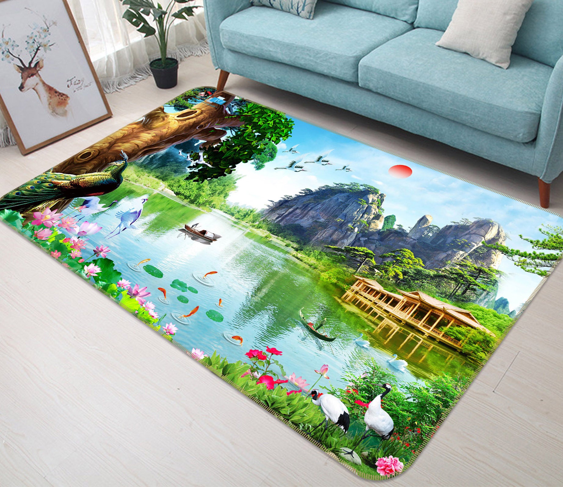 3D Peacock Lotus 3049 Rug Non Slip Rug Mat
