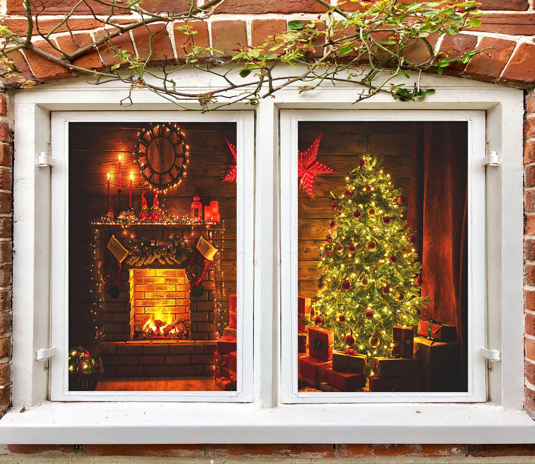 3D Fireplace Tree 1021 Christmas Window Film Print Sticker Cling Stained Glass Xmas
