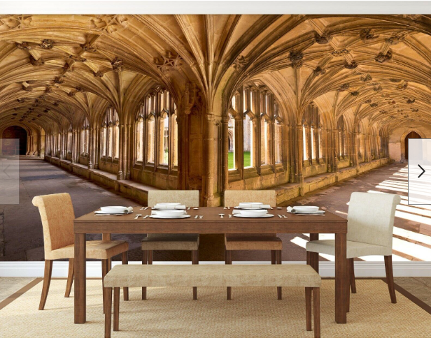 3D World Map ZHUA2370 in 416cm x 254cm curtains (one piece) & 3D Church Corridor ZHUA1338 in 208cmx146cm vinyl - from ebay - E