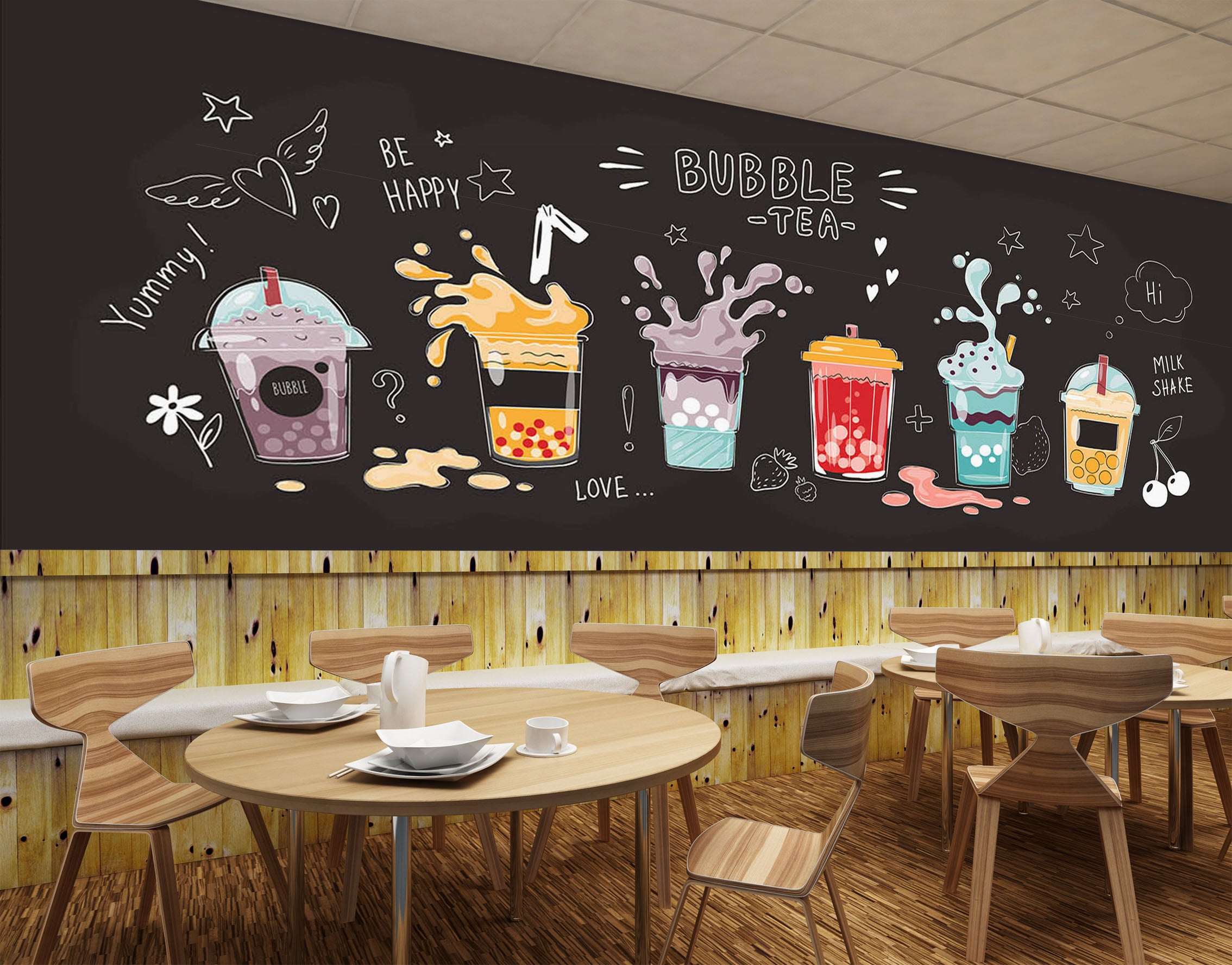 3D Pearl Tea 2066 Fruit Bubble Tea Milk Tea Shop Wall Murals