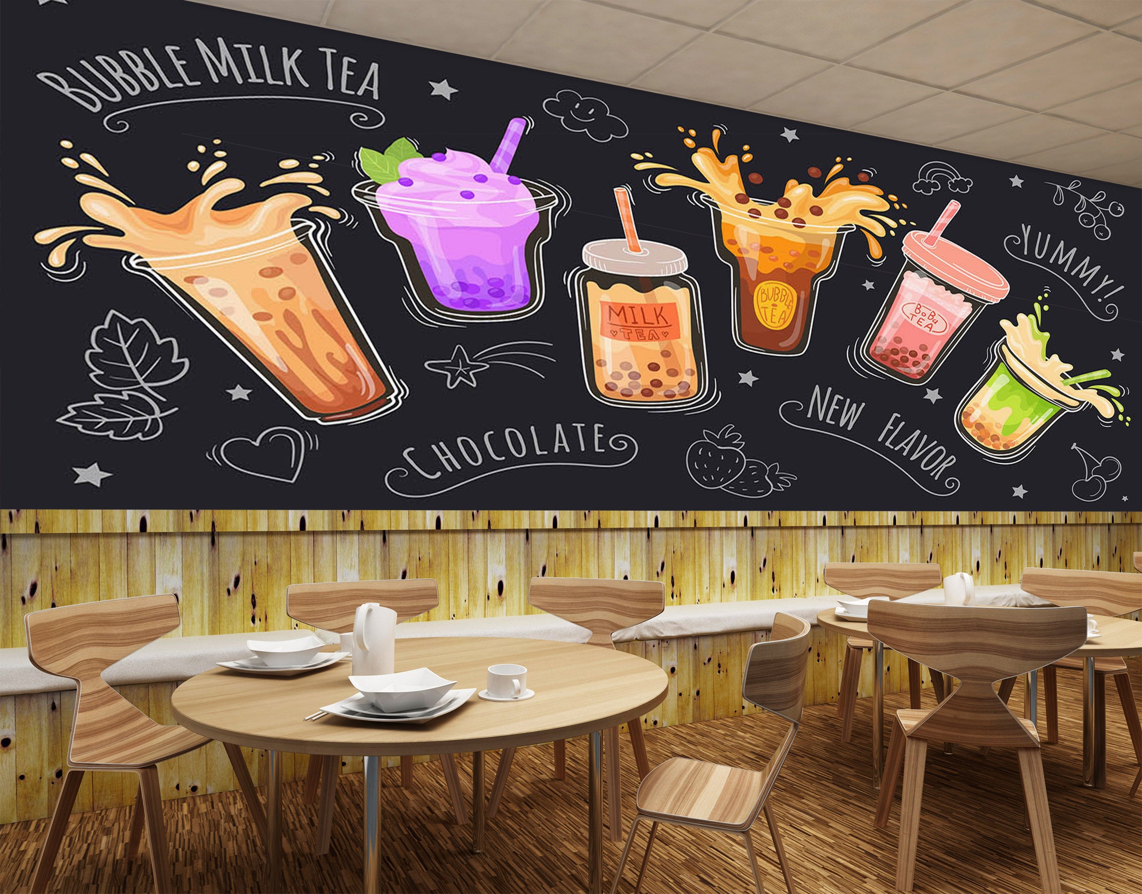 3D Pearl Tea 2086 Fruit Bubble Tea Milk Tea Shop Wall Murals