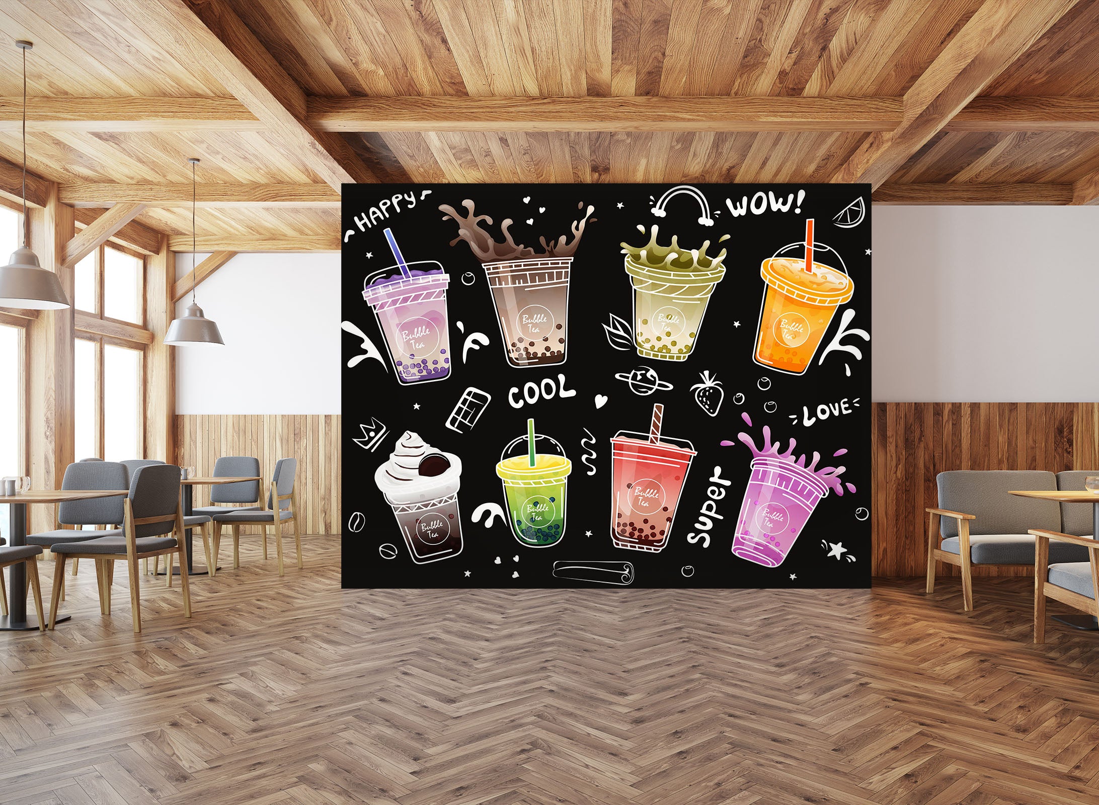 3D Pearl Tea 2085 Fruit Bubble Tea Milk Tea Shop Wall Murals