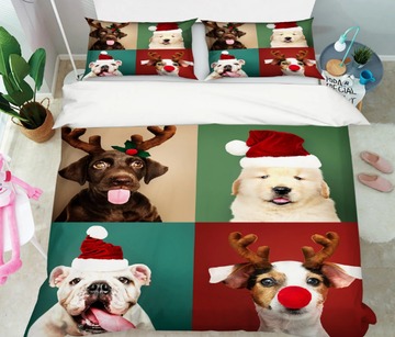 3D Dog With Hat 51060 Christmas Quilt Duvet Cover Xmas Bed Pillowcases - King Single- from E