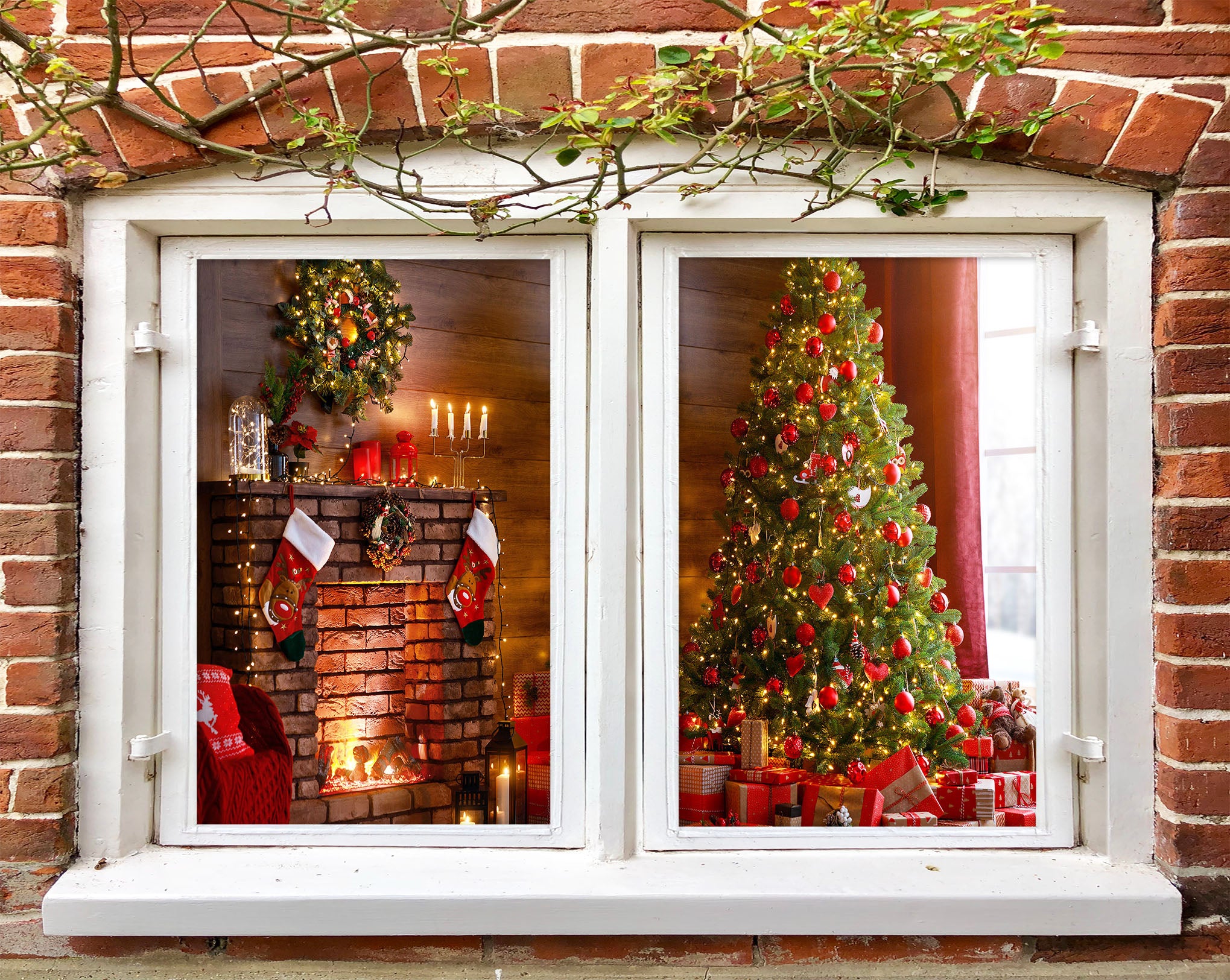 3D Fireplace Tree 1035 Christmas Window Film Print Sticker Cling Stained Glass Xmas