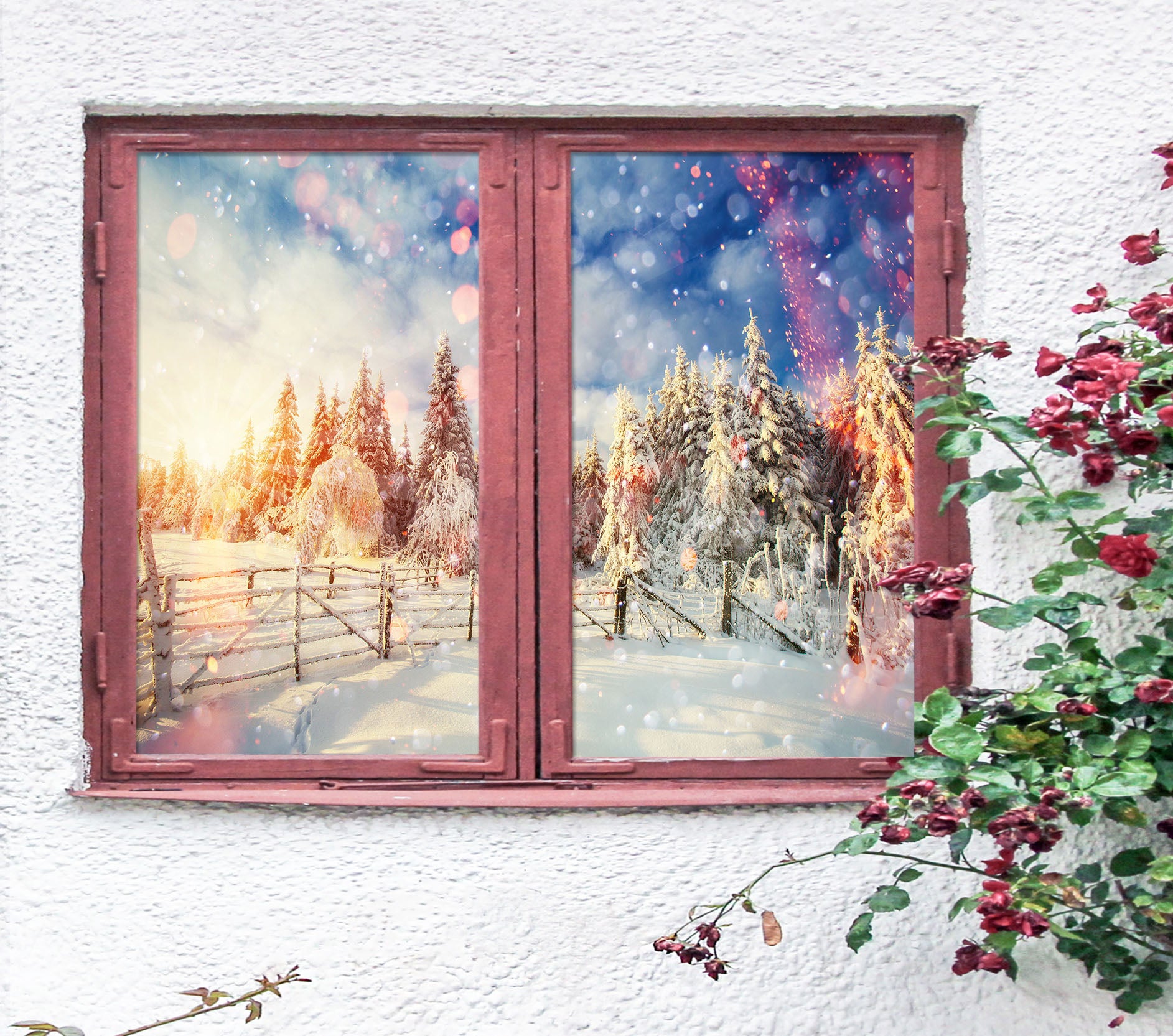 3D Snowy Scenery 1050 Christmas Window Film Print Sticker Cling Stained Glass Xmas