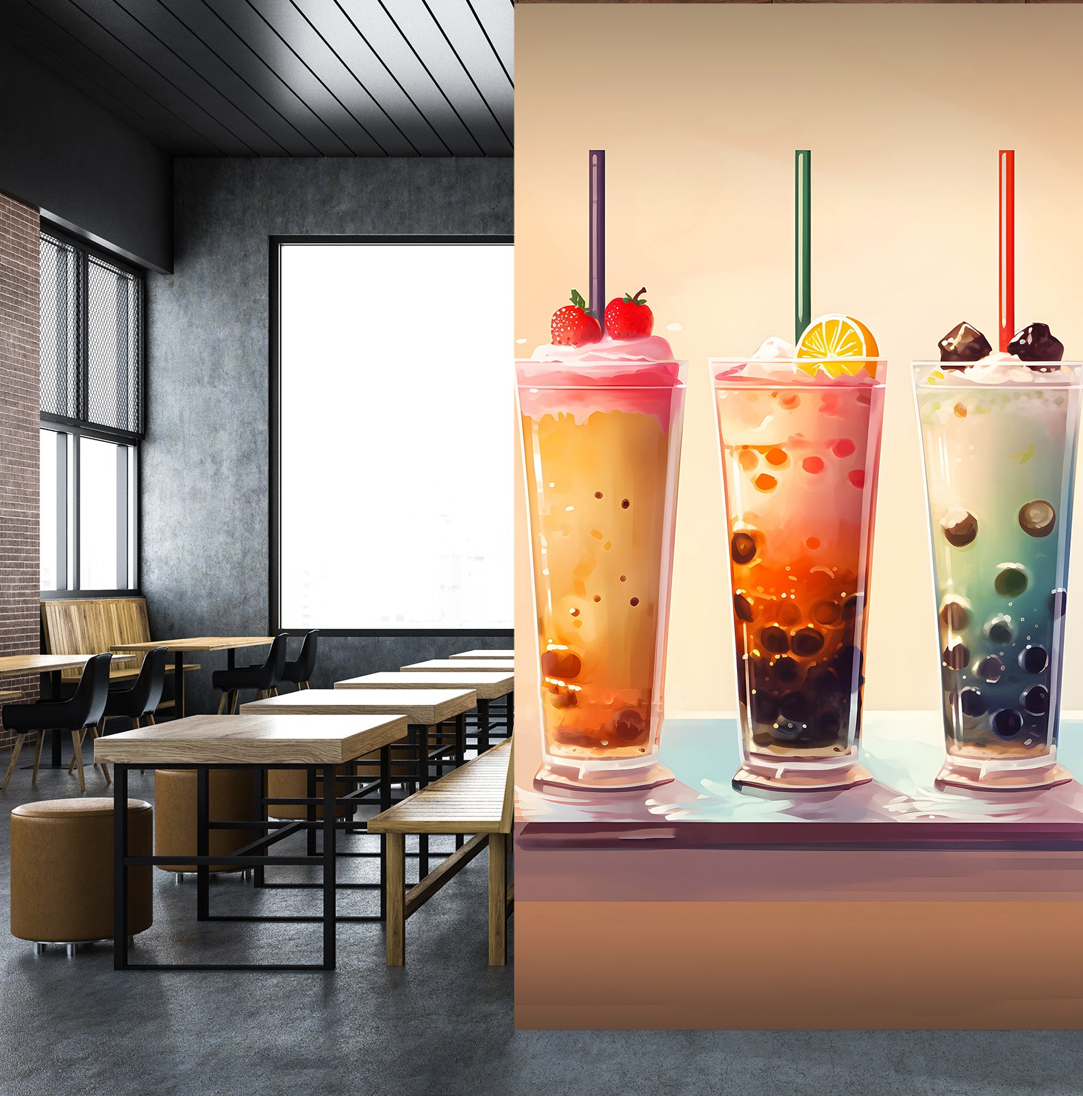 3D Pearl Tea 2101 Fruit Bubble Tea Milk Tea Shop Wall Murals
