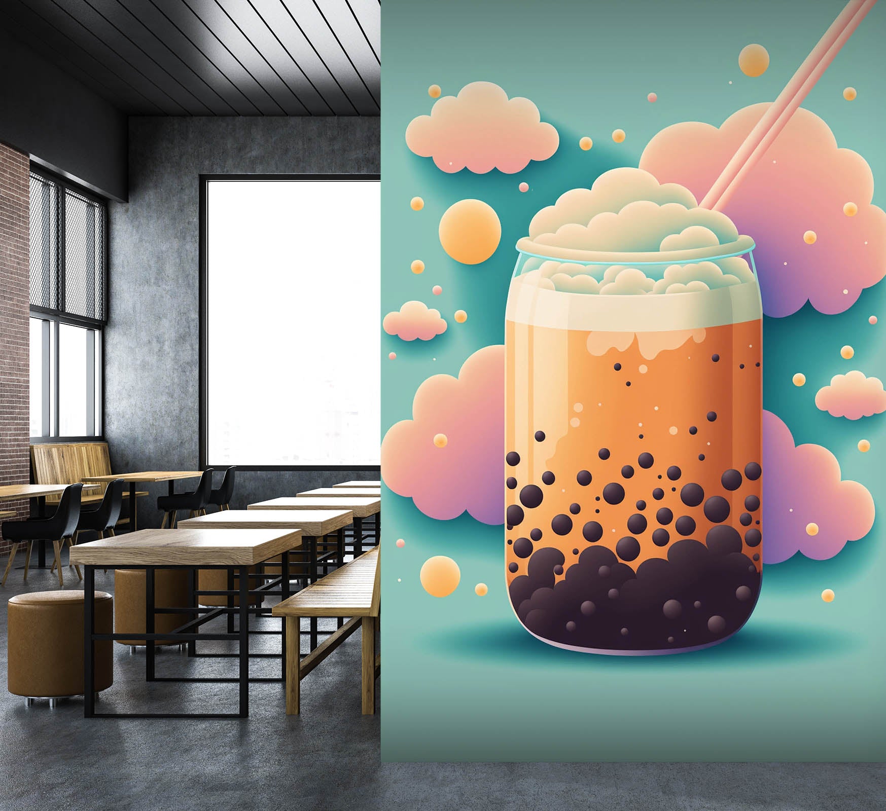 3D Pearl Tea 2114 Fruit Bubble Tea Milk Tea Shop Wall Murals