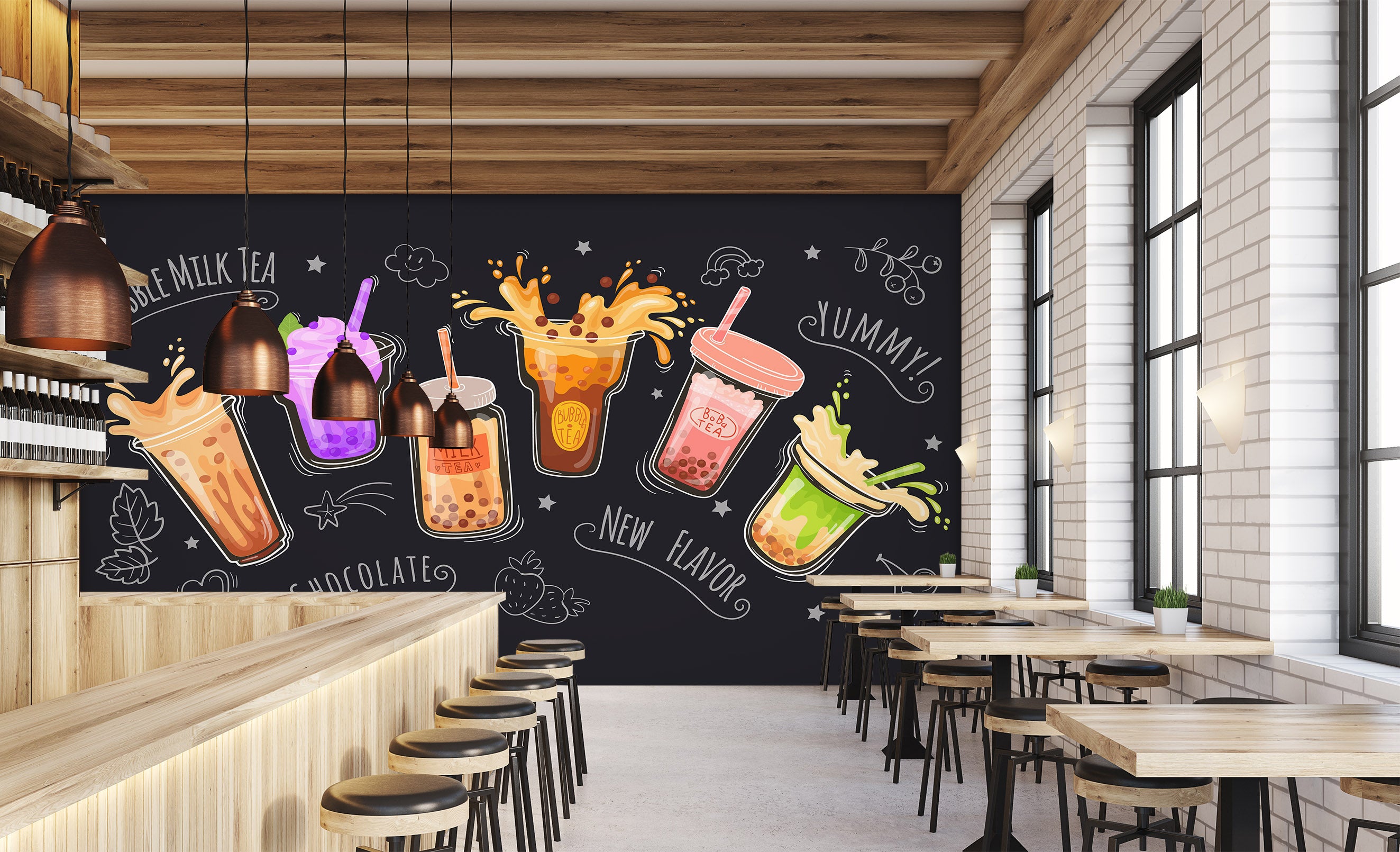 3D Pearl Tea 2086 Fruit Bubble Tea Milk Tea Shop Wall Murals