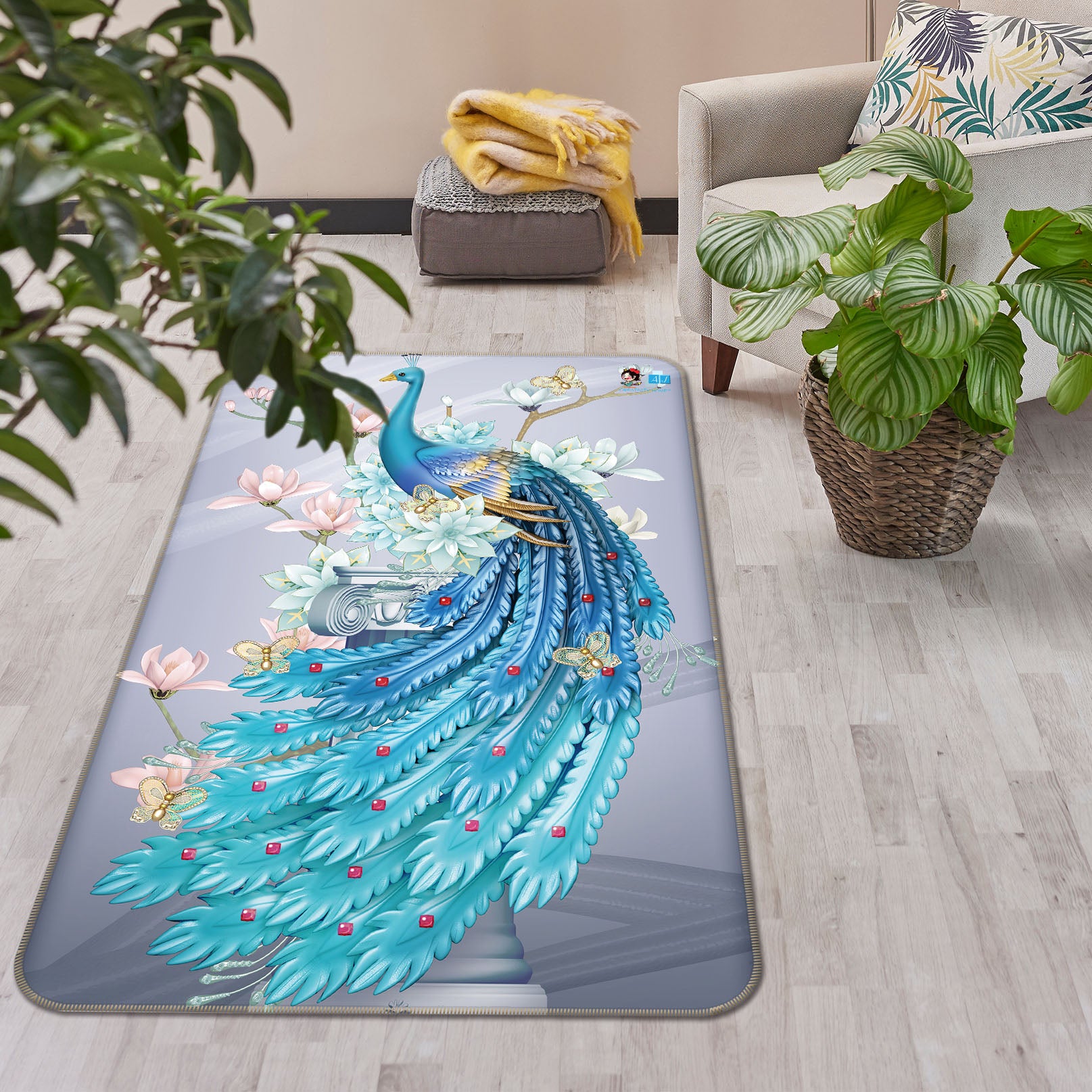 3D Blue Peacock 3094 Rug Non Slip Rug Mat