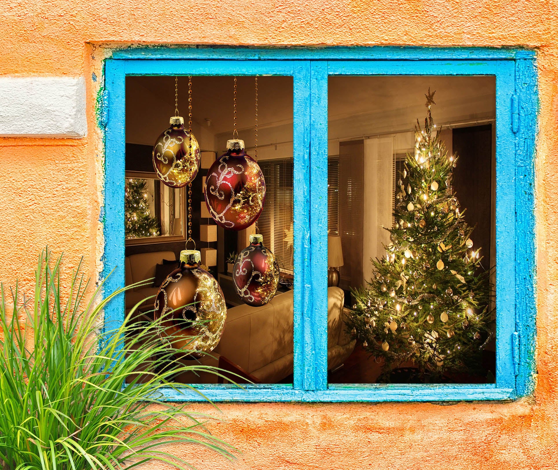 3D Red Ball Tree 1001 Christmas Window Film Print Sticker Cling Stained Glass Xmas