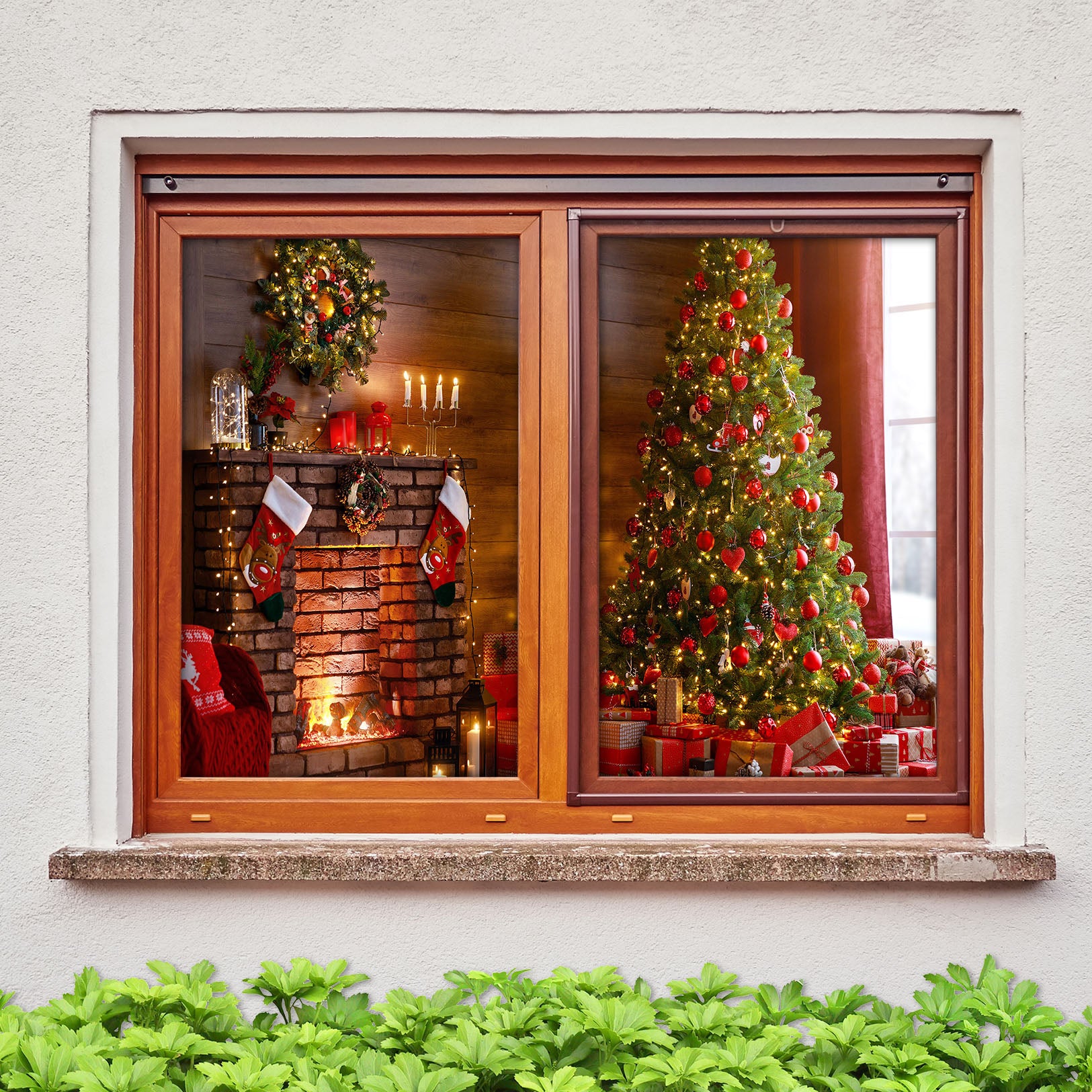 3D Fireplace Tree 1035 Christmas Window Film Print Sticker Cling Stained Glass Xmas