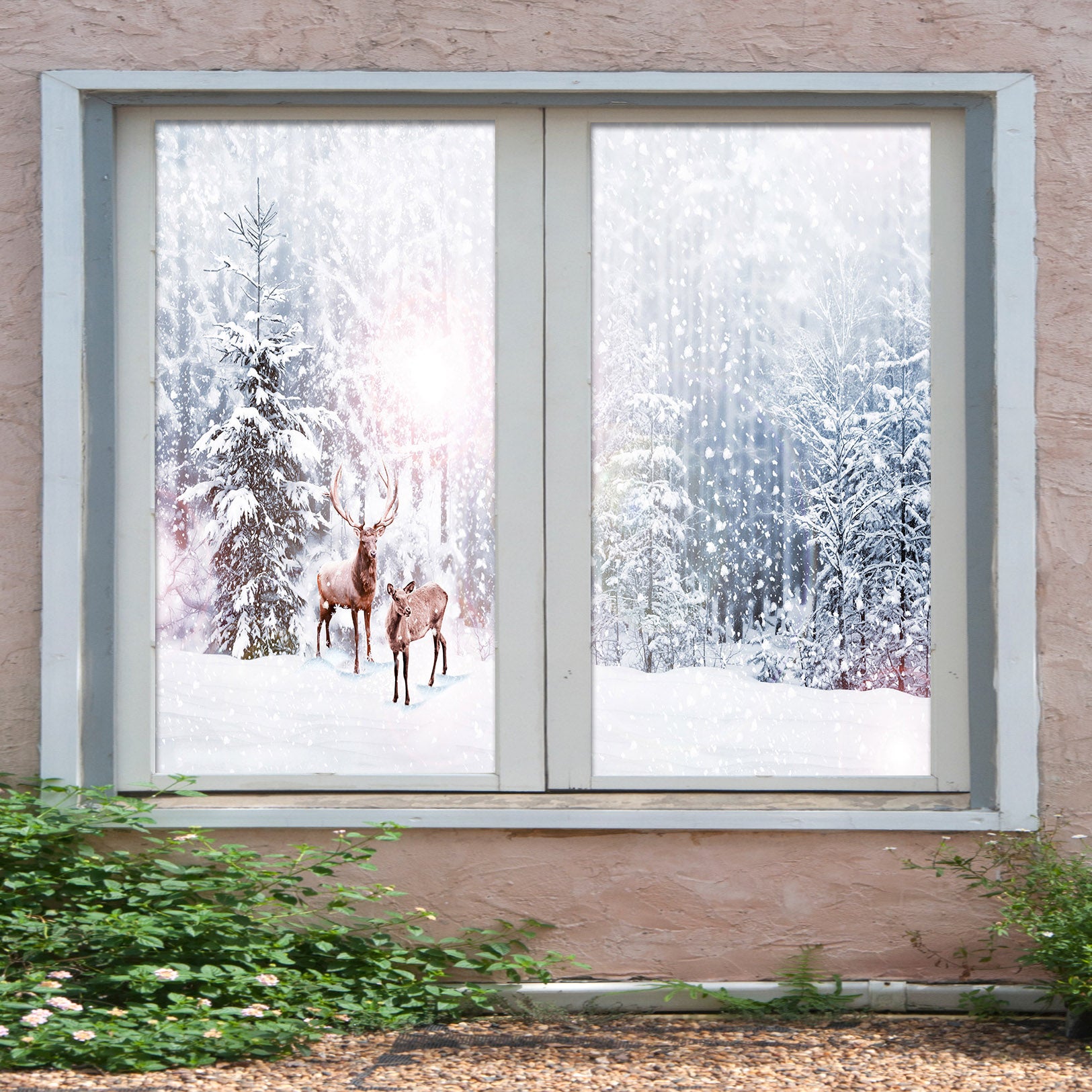 3D Snow Elk 1015 Christmas Window Film Print Sticker Cling Stained Glass Xmas