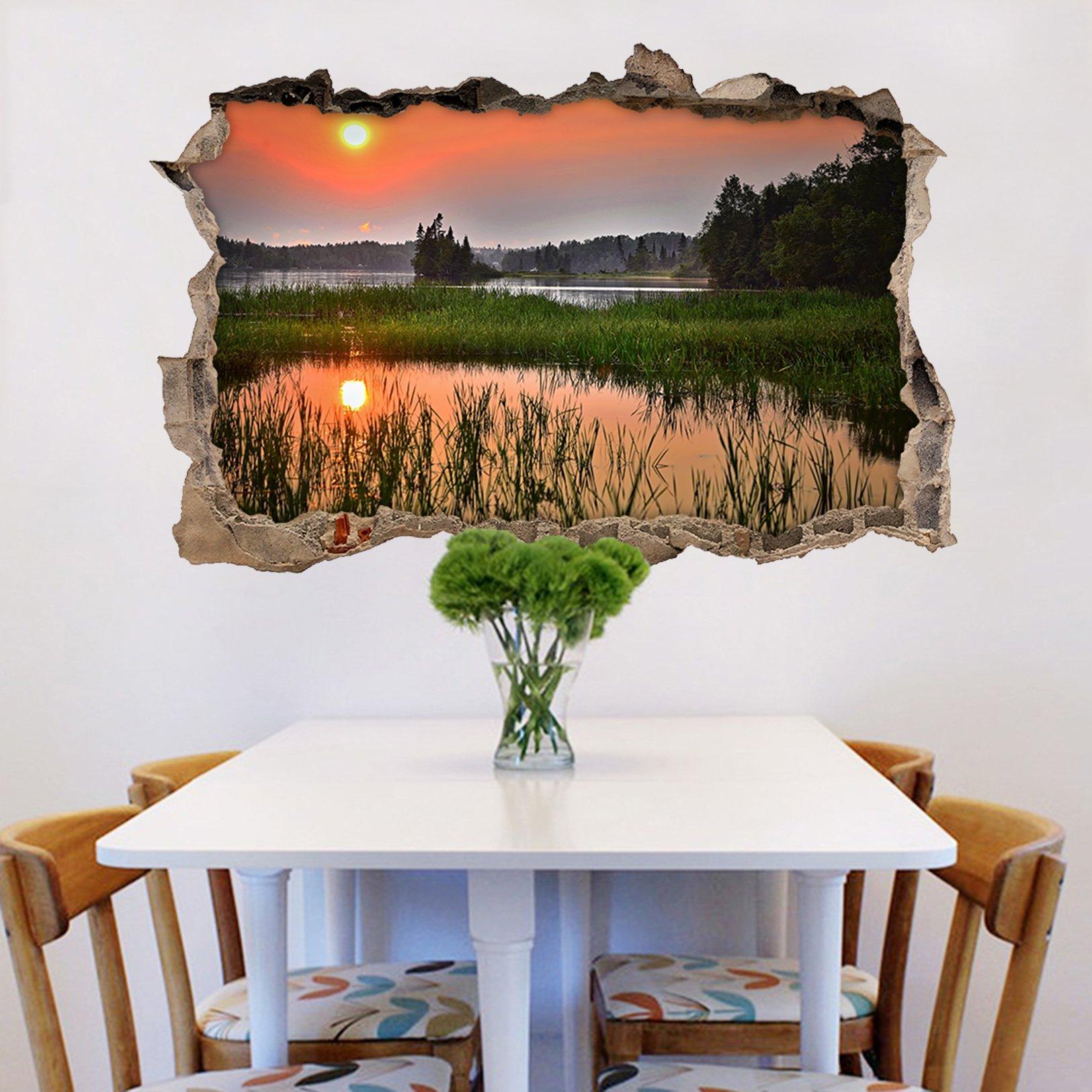 3D Lake Sunset View 123 Broken Wall Murals Wallpaper AJ Wallpaper 