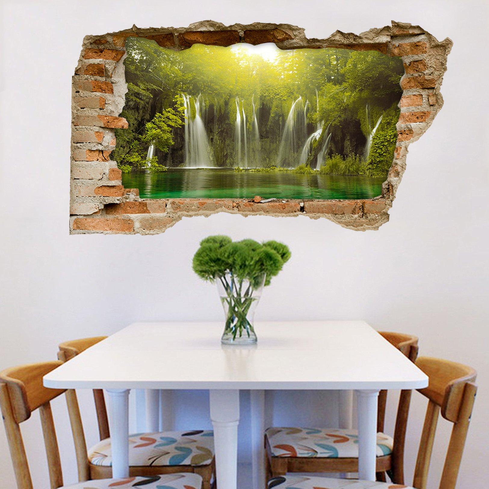 3D Forest Lake Waterfalls 123 Broken Wall Murals Wallpaper AJ Wallpaper 
