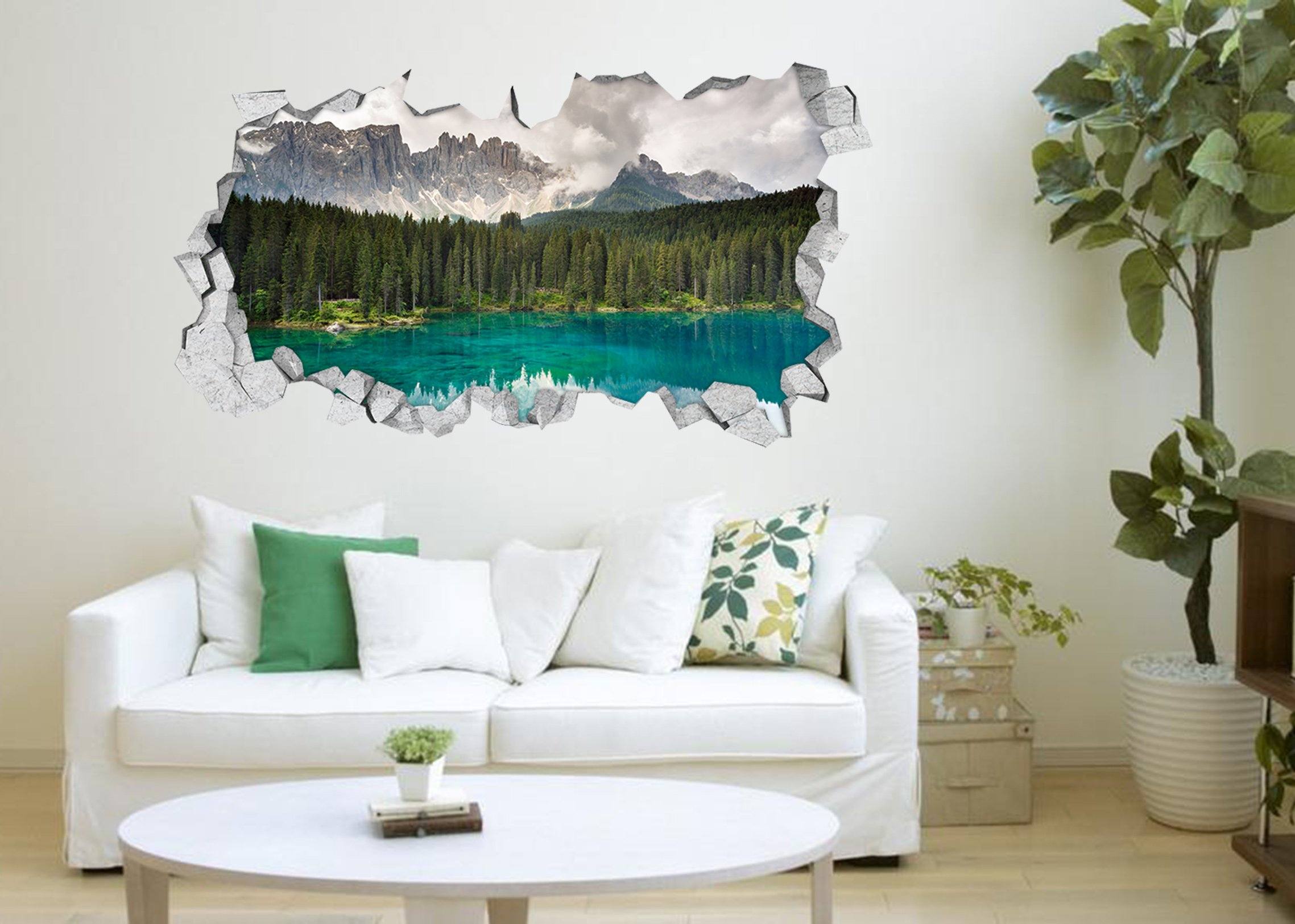 3D Mountain Forest Lake 070 Broken Wall Murals Wallpaper AJ Wallpaper 