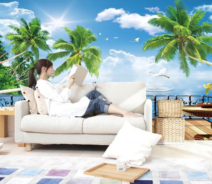 3D Cloud Coconut Tree Railing Wallpaper AJ Wallpaper 1 