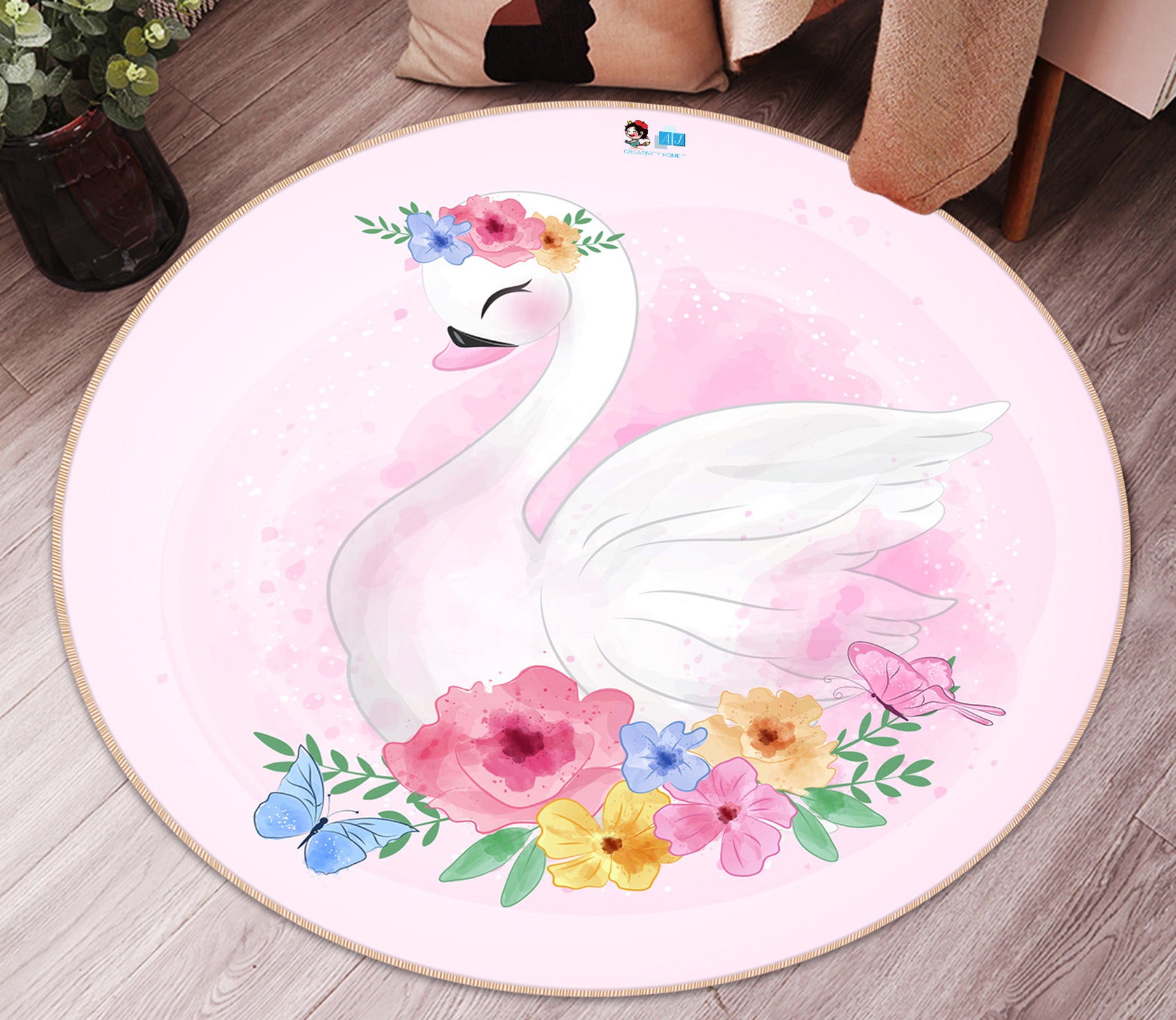 3D Flowers Swan 74233 Round Non Slip Rug Mat